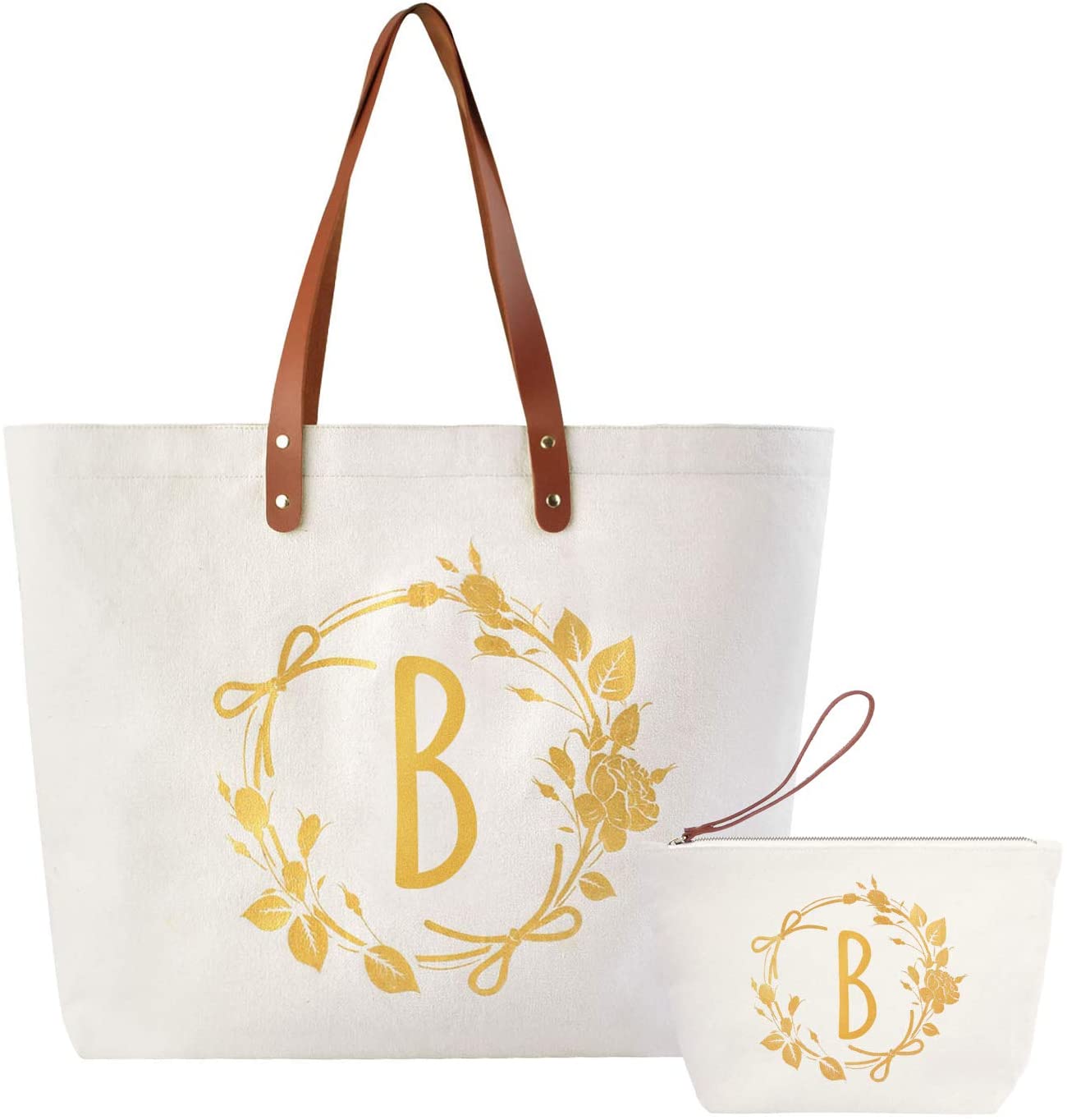 ElegantPark Monogrammed Gifts for Women B Initial Tote Bag Personalized Makeup Bag Wedding Gifts Bir
