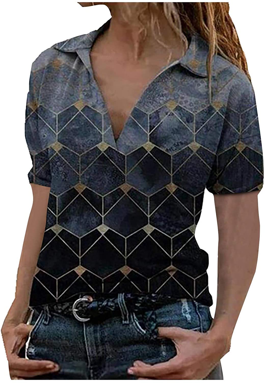 Dosoop Womens V Neck Shirts Long Sleeve Retro Print Casual Loose Fitting Warm Tops Polo Shirt Blouse