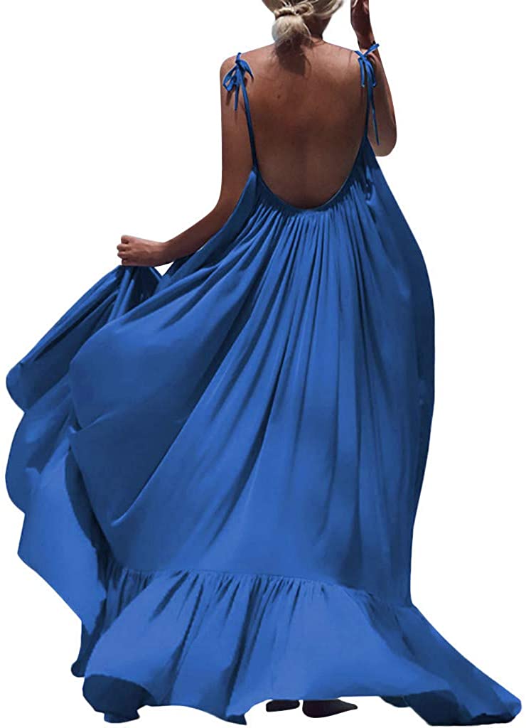 Xinantime Womens Boho Maxi Solid Sleeveless Long Backless Dress Evening Party Beach Dress