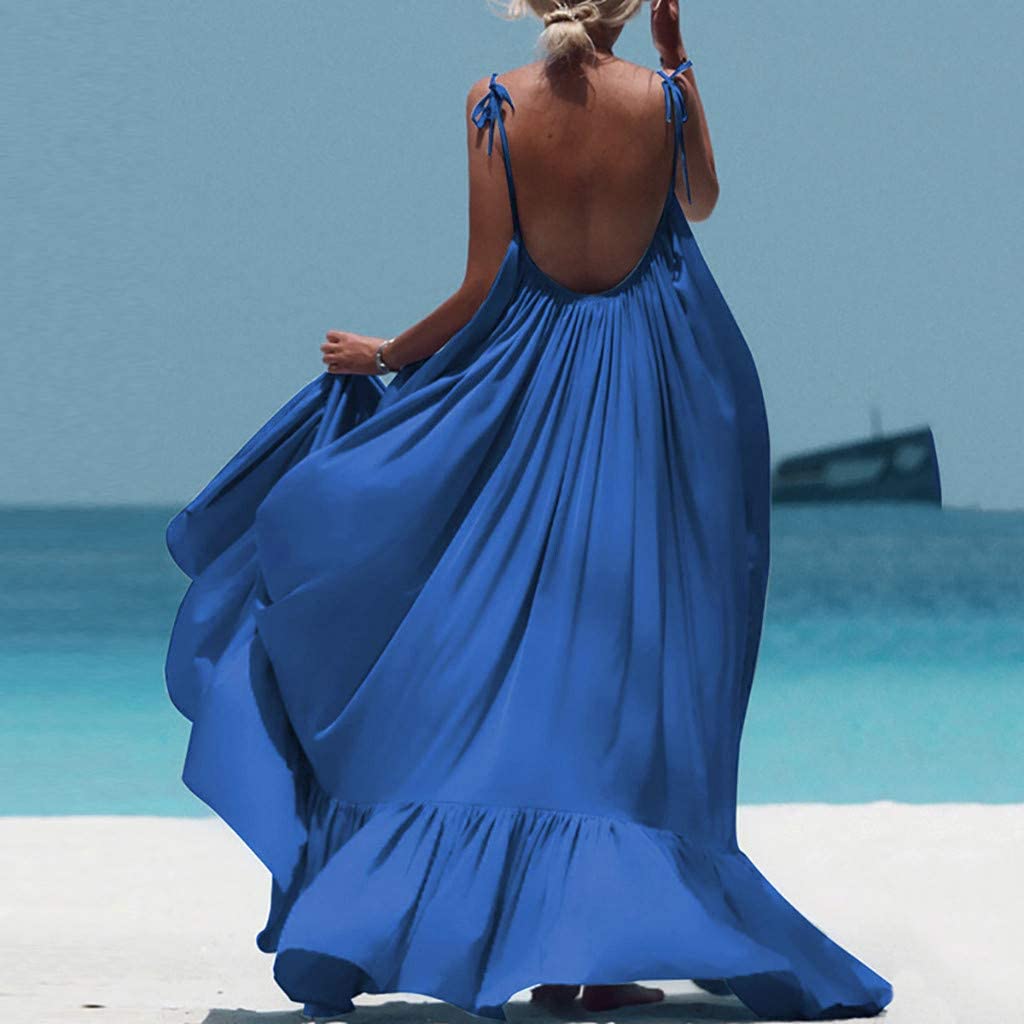 Xinantime Womens Boho Maxi Solid Sleeveless Long Backless Dress Evening Party Beach Dress