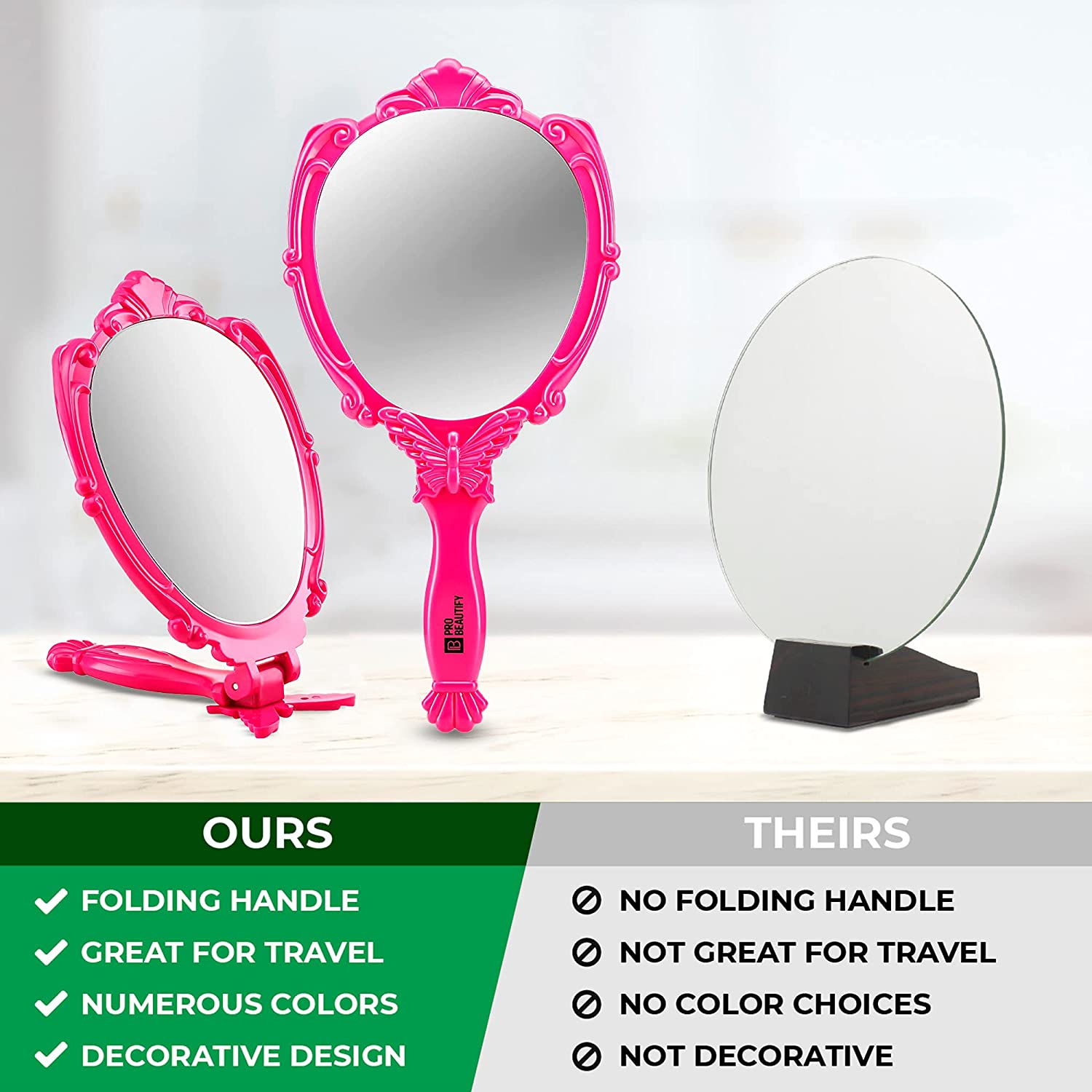 Probeautify Decorative Hand Held Mirror - Beautifully Butterfly Design Hand Mirrors with Handle - Li