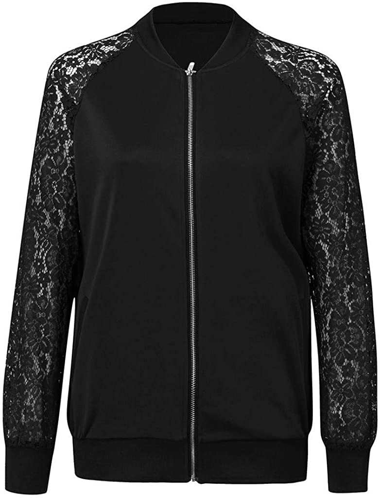 WUAI-Women Bomer Jackets Plus Size Casual Lace Loose Long Sleeve Coat Outwear Cardigans Tops