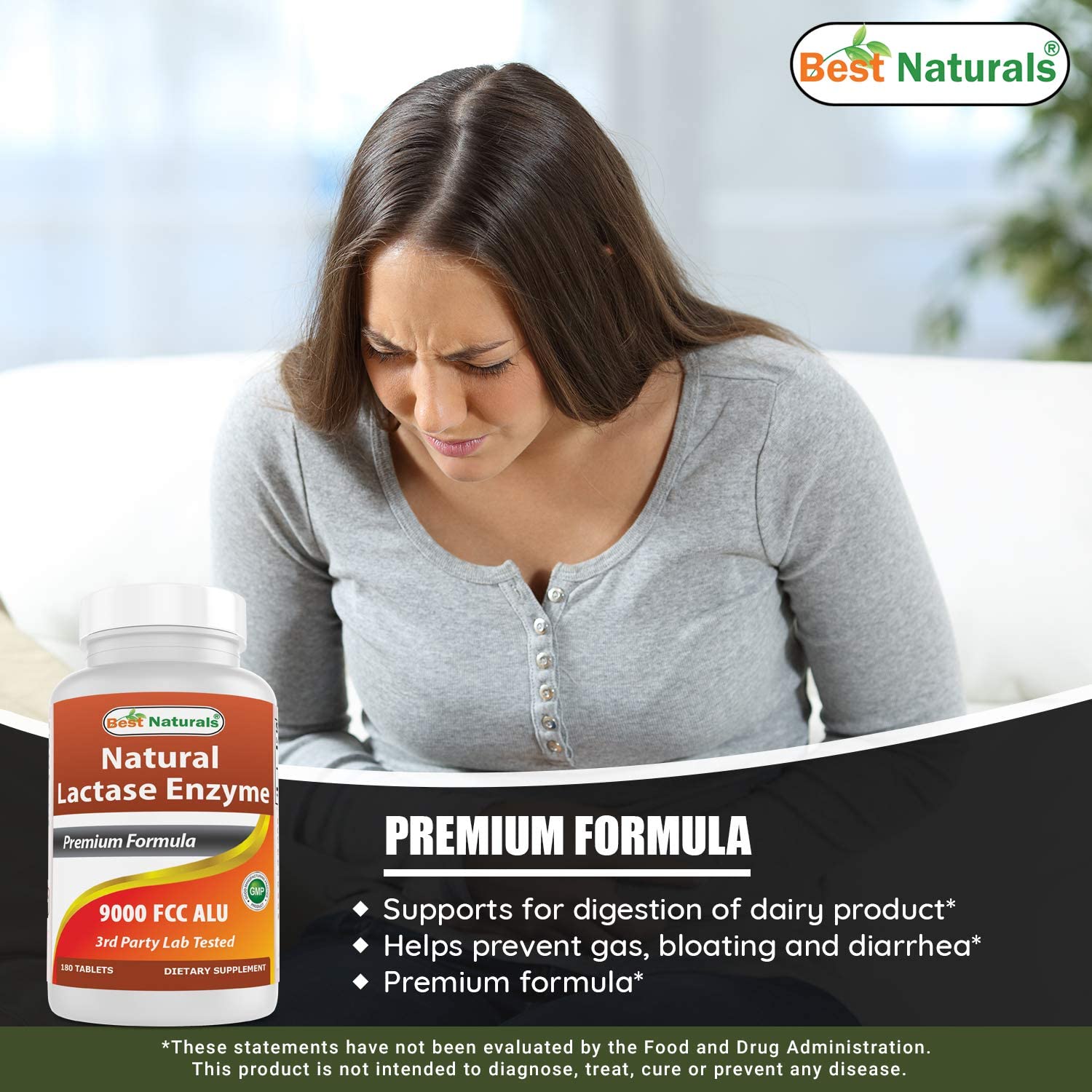 Best Naturals Lactose Intolerance Relief Tablets with Natural Lactase Enzyme, Fast Acting High Poten