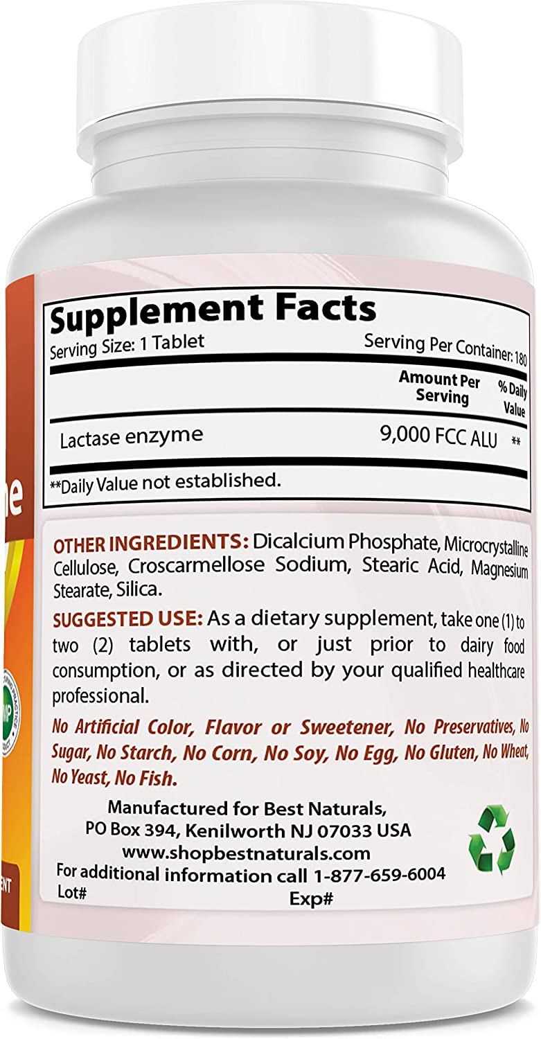 Best Naturals Lactose Intolerance Relief Tablets with Natural Lactase Enzyme, Fast Acting High Poten
