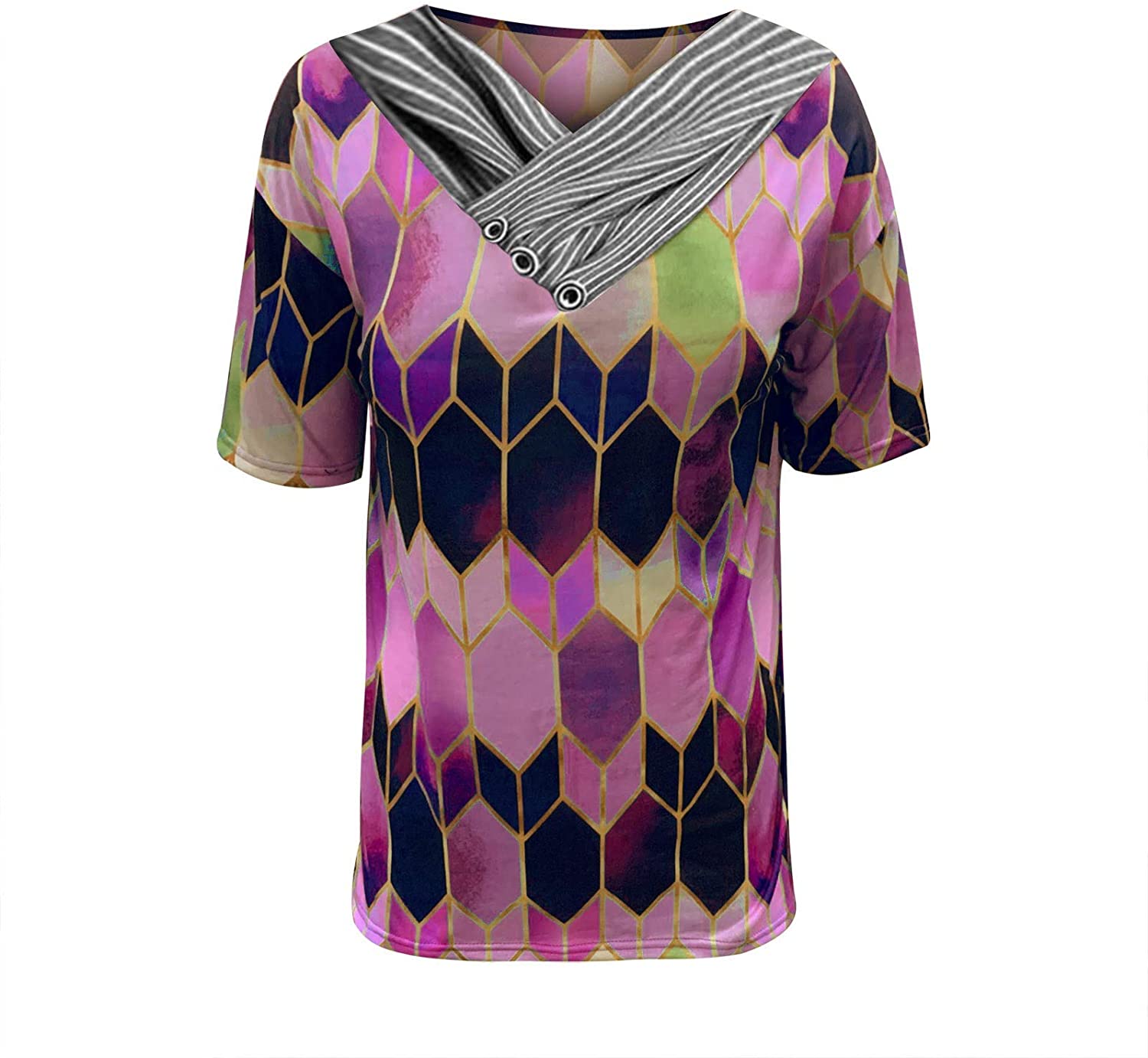 Dosoop Short Sleeve Tshirts Shirts for Women Loose Fit Soft Geometric Color Block Button Wrap Folds 