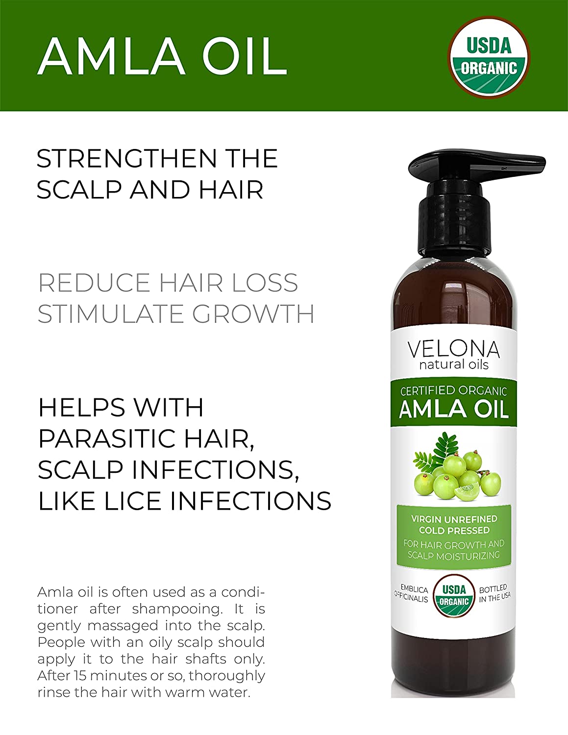 Velona Amla Oil USDA Certified Organic - 8 oz | 100% Pure and Natural Carrier Oil | Extra Virgin, Un