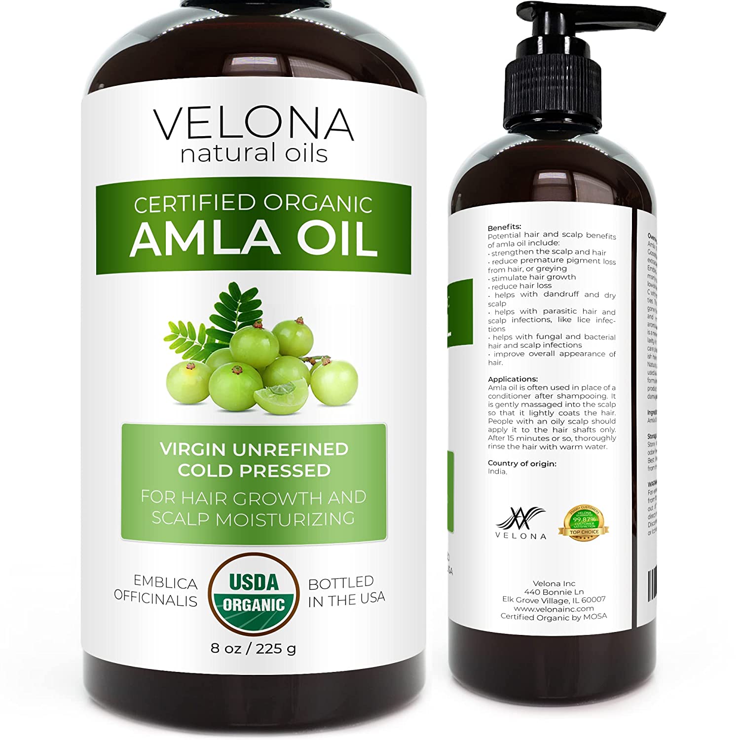 Velona Amla Oil USDA Certified Organic - 8 oz | 100% Pure and Natural Carrier Oil | Extra Virgin, Un
