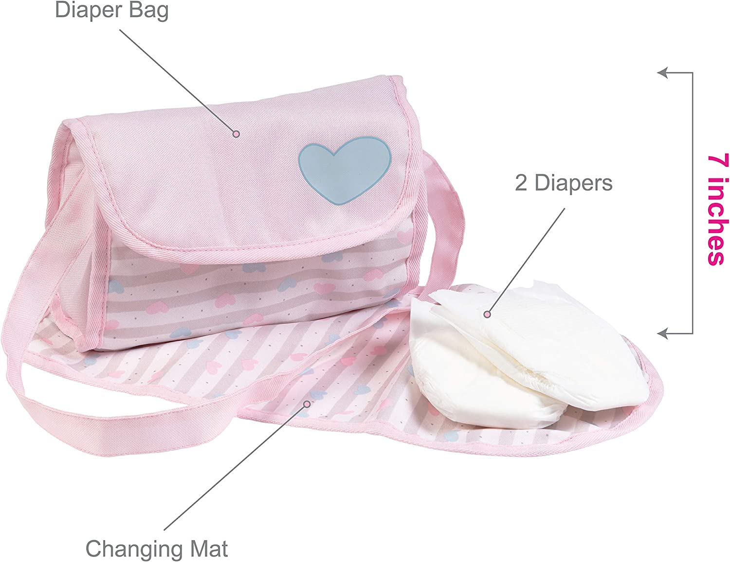 Adora Baby Doll Diaper Bag In Classic Pastel Pink, Diapers Fit 13 Inch Dolls