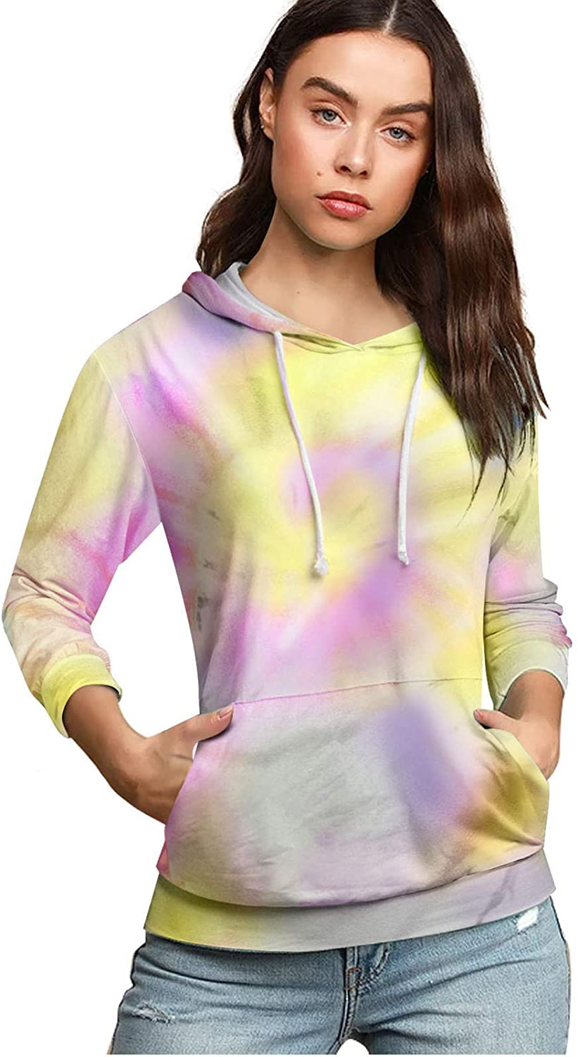 Tie Dye Hooded Sweatshirt Womens Casual Long Sleeve Colorblock Tops Crewneck Lightweight Pullover Ho