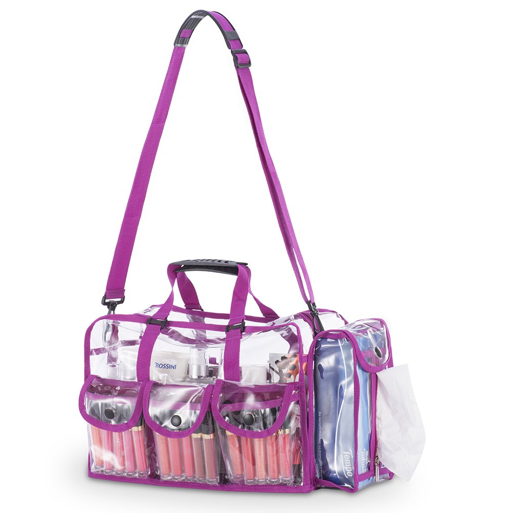 KIOTA Makeup Artist Storage Bag, Clear Cosmetic Bag with Side Pockets and Shoulder Strap, Ergonomic 