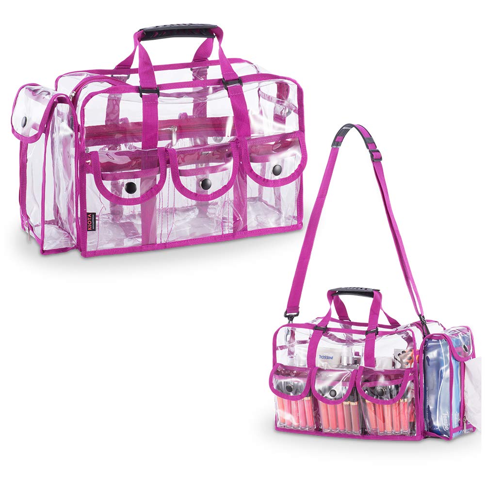 KIOTA Makeup Artist Storage Bag, Clear Cosmetic Bag with Side Pockets and Shoulder Strap, Ergonomic 