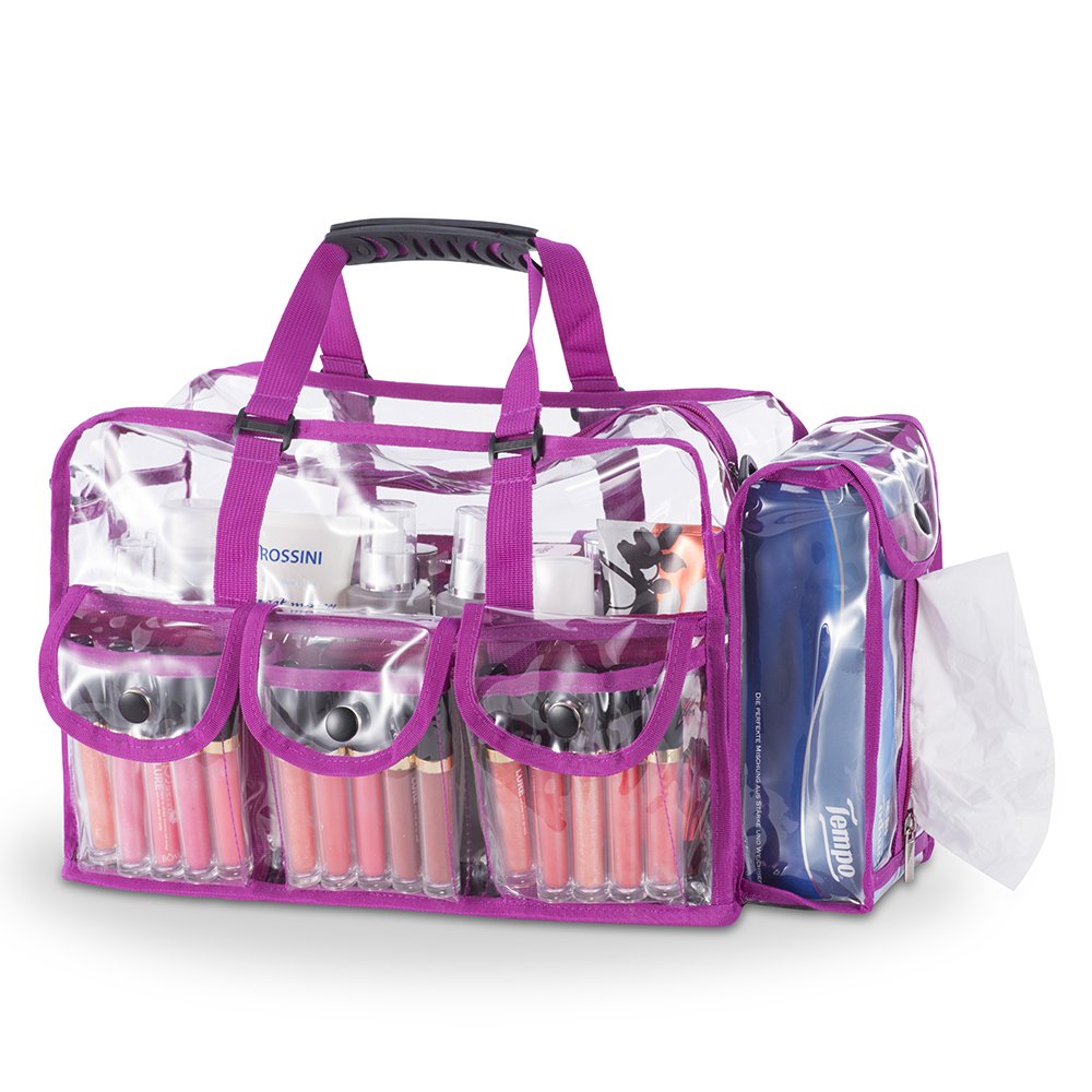 KIOTA Makeup Artist Storage Bag, Clear Cosmetic Bag with Side Pockets and Shoulder Strap, Ergonomic 