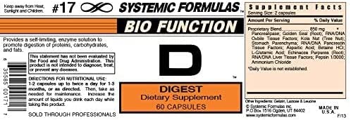 Systemic Formulas Bio Function #17 D Digest 60 Capsules. Helps Digestion of Heavy Meals and Absorpti