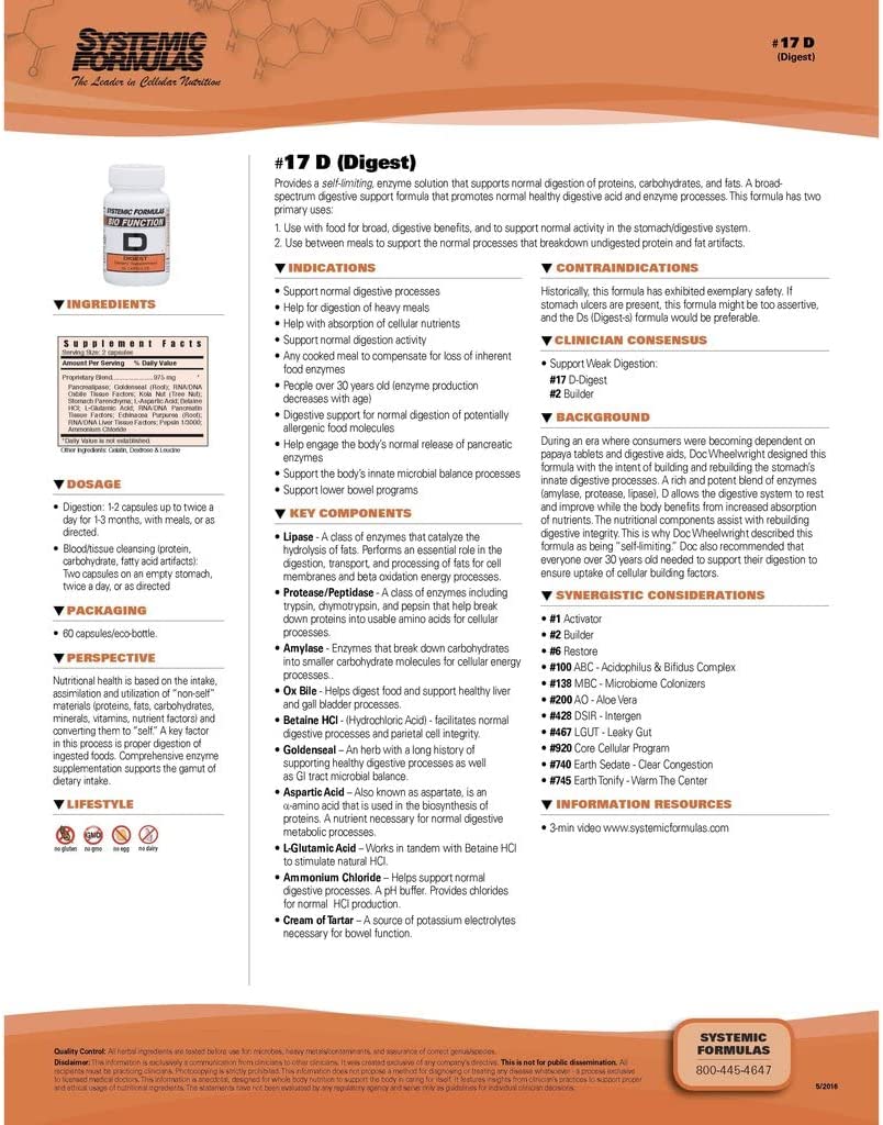 Systemic Formulas Bio Function #17 D Digest 60 Capsules. Helps Digestion of Heavy Meals and Absorpti