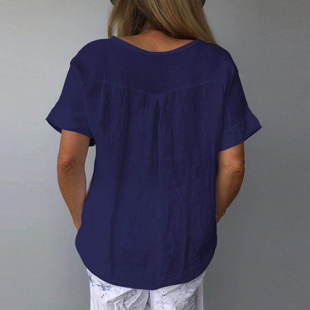 Dosoop EW People Letter Print Linen Shirts Women Summer Short Sleeve Basic V Neck Casual Loose T-Shi