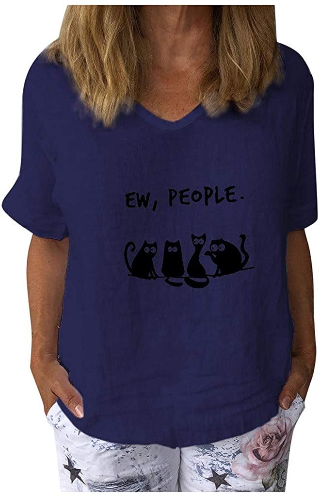 Dosoop EW People Letter Print Linen Shirts Women Summer Short Sleeve Basic V Neck Casual Loose T-Shi