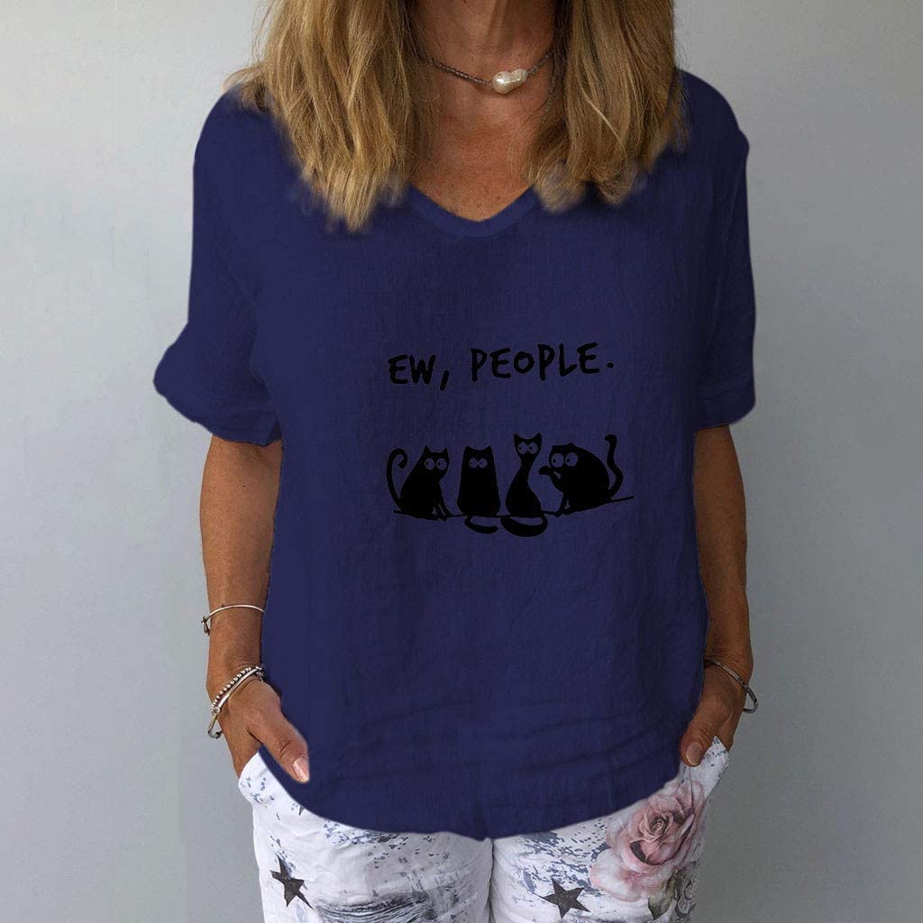 Dosoop EW People Letter Print Linen Shirts Women Summer Short Sleeve Basic V Neck Casual Loose T-Shi