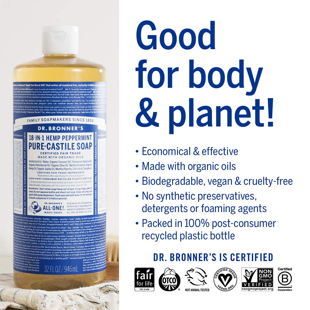 Dr. Bronner’s - Pure-Castile Liquid Soap (Peppermint, 32 ounce and 2oz bundle) - Made with Organic