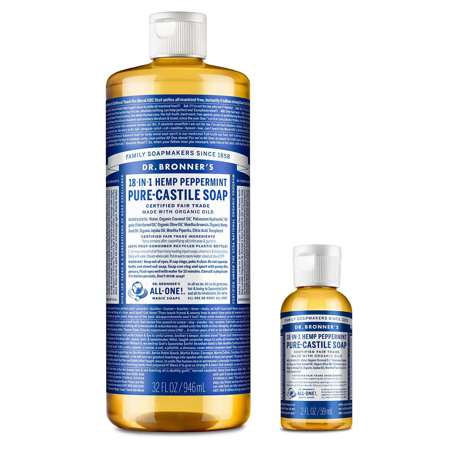 Dr. Bronner’s - Pure-Castile Liquid Soap (Peppermint, 32 ounce and 2oz bundle) - Made with Organic