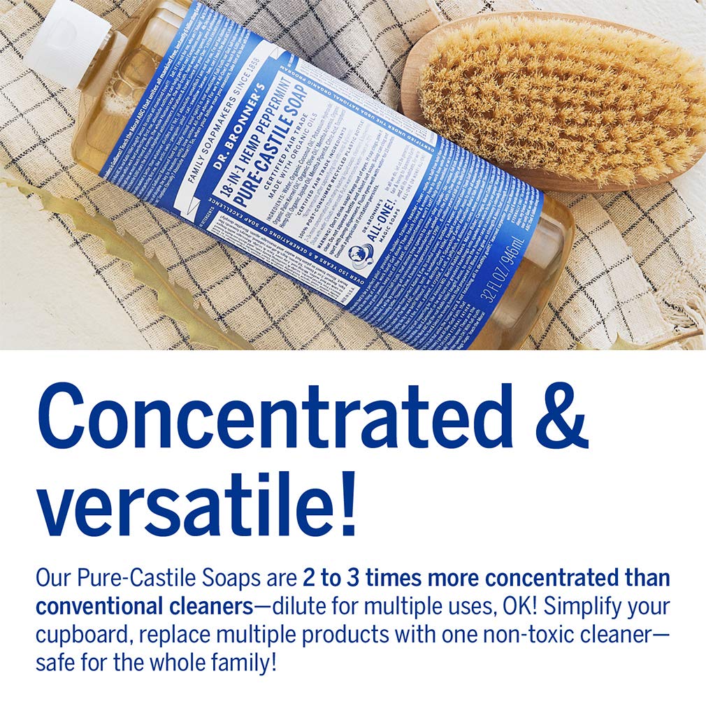 Dr. Bronner’s - Pure-Castile Liquid Soap (Peppermint, 32 ounce and 2oz bundle) - Made with Organic