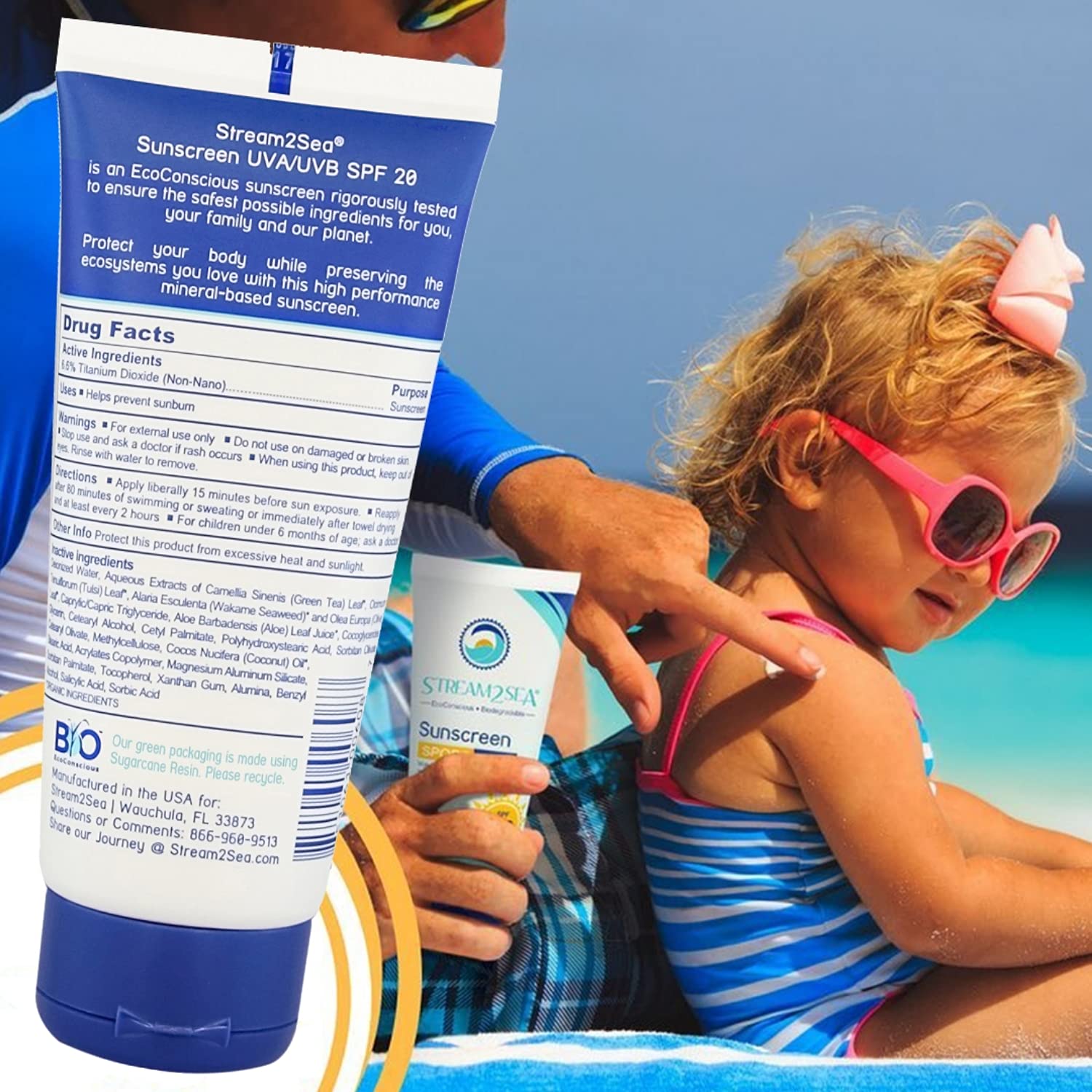 Stream2Sea SPF20 Reef Safe Sport Sunscreen for body, Natural, Water Resistant, Coral and Ocean Frien