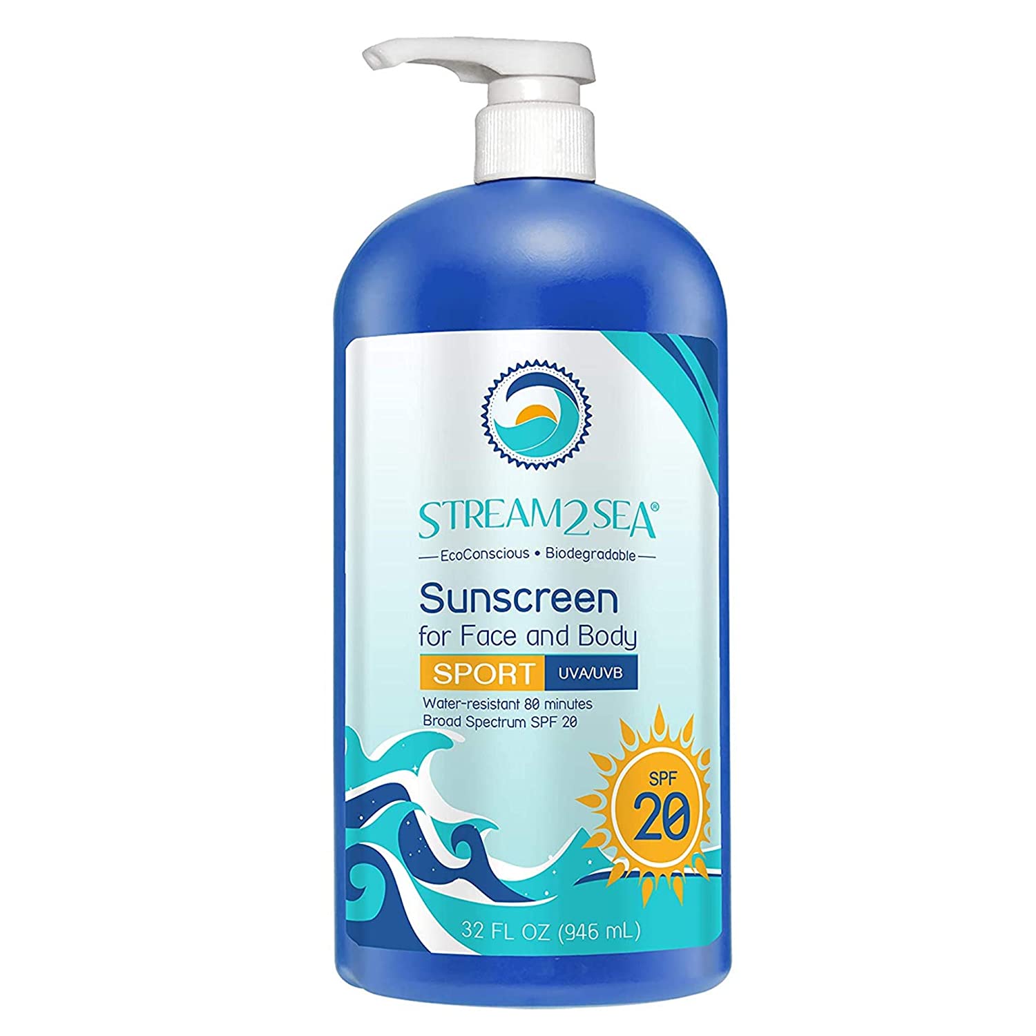Stream2Sea SPF20 Reef Safe Sport Sunscreen for body, Natural, Water Resistant, Coral and Ocean Frien