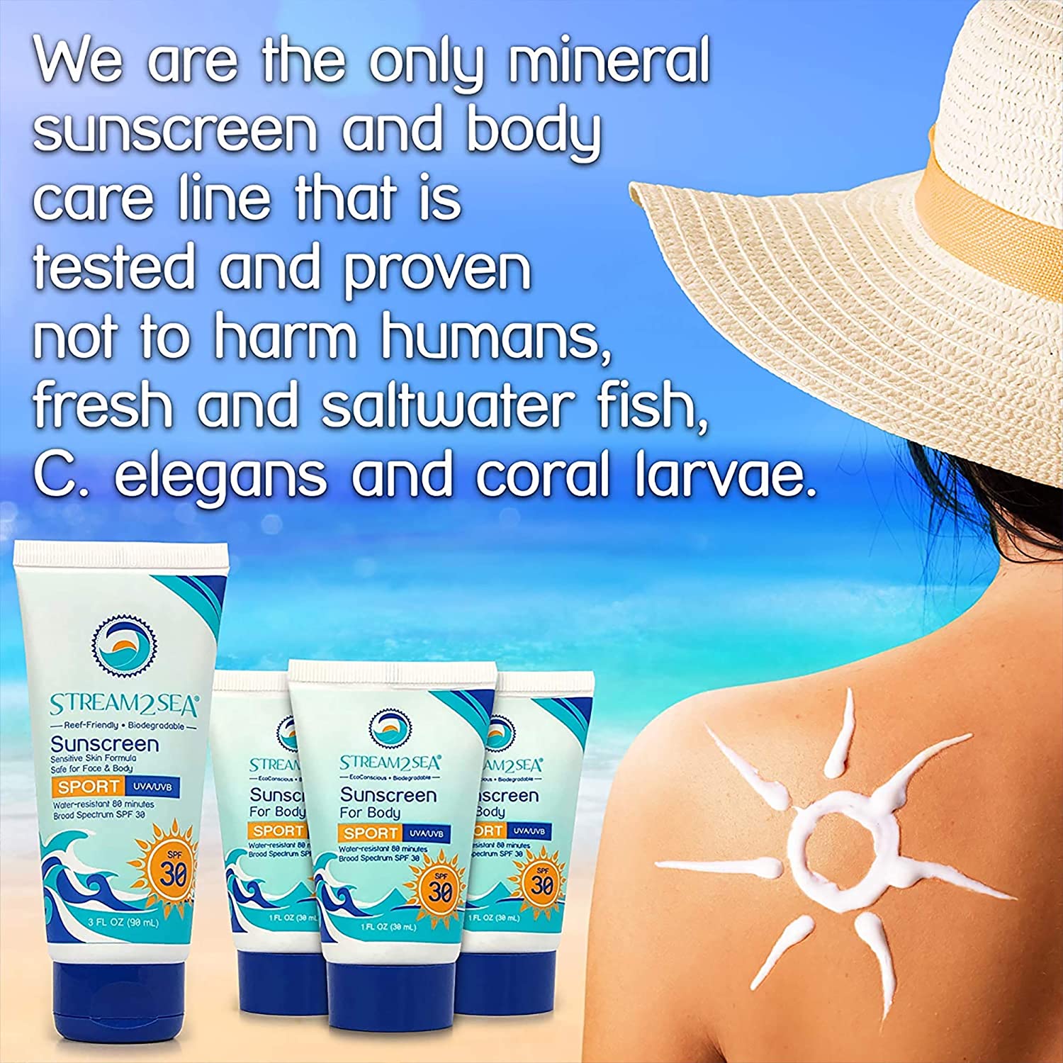 Stream2Sea SPF20 Reef Safe Sport Sunscreen for body, Natural, Water Resistant, Coral and Ocean Frien