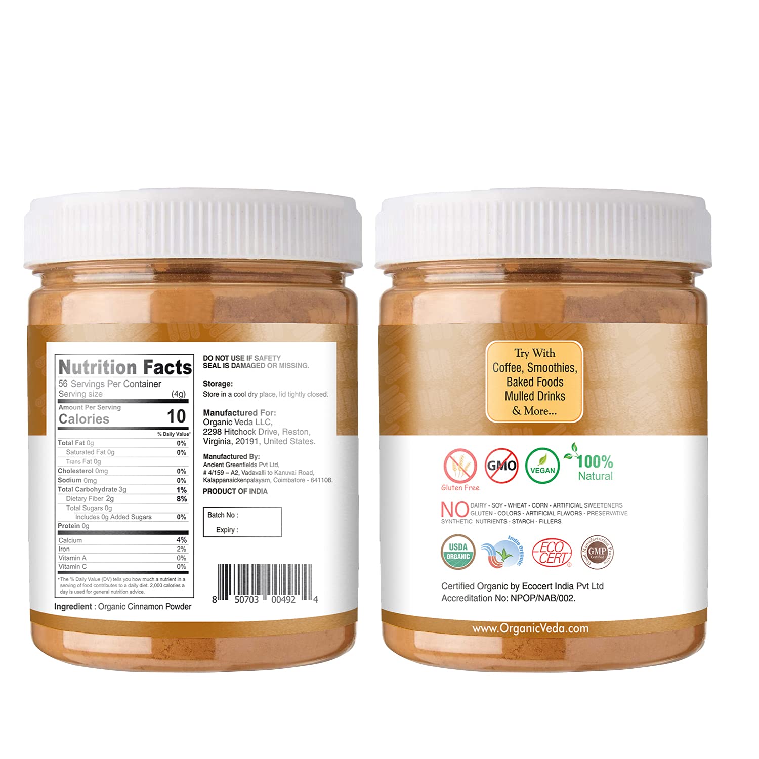 Organic Veda Cinnamon Powder – 100% Pure & Organic Ground Cinnamon Made from Raw Whole Premium Cin