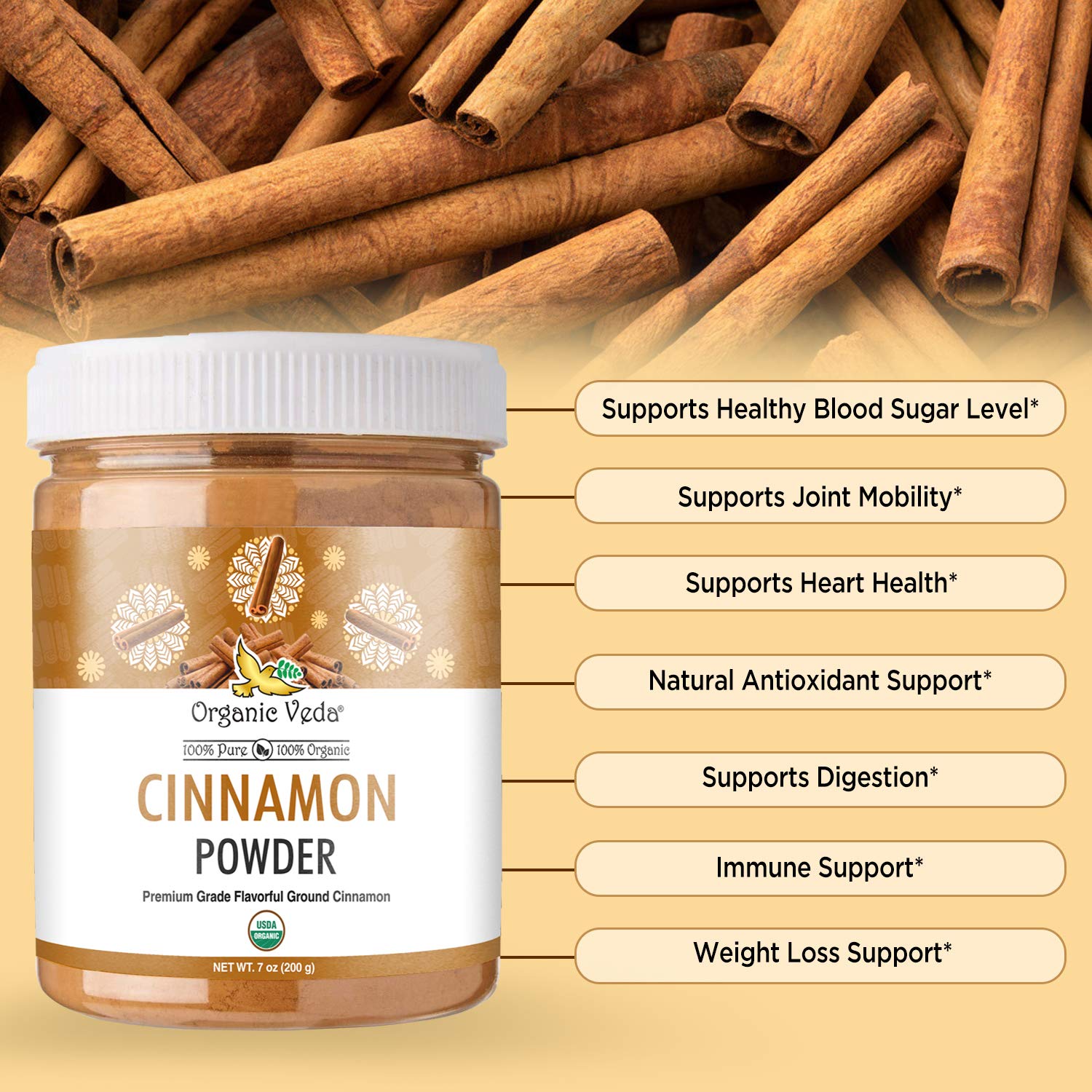Organic Veda Cinnamon Powder – 100% Pure & Organic Ground Cinnamon Made from Raw Whole Premium Cin