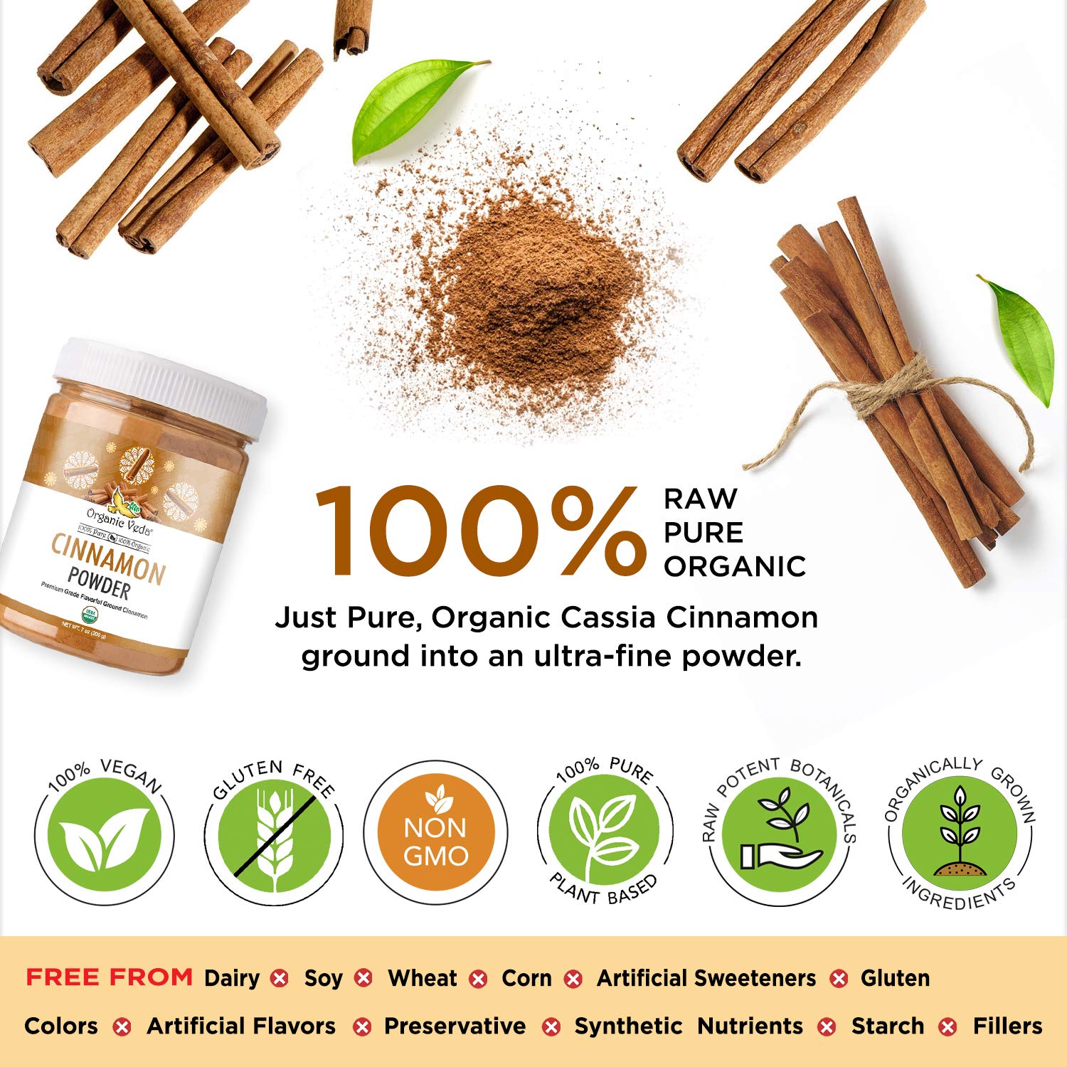 Organic Veda Cinnamon Powder – 100% Pure & Organic Ground Cinnamon Made from Raw Whole Premium Cin