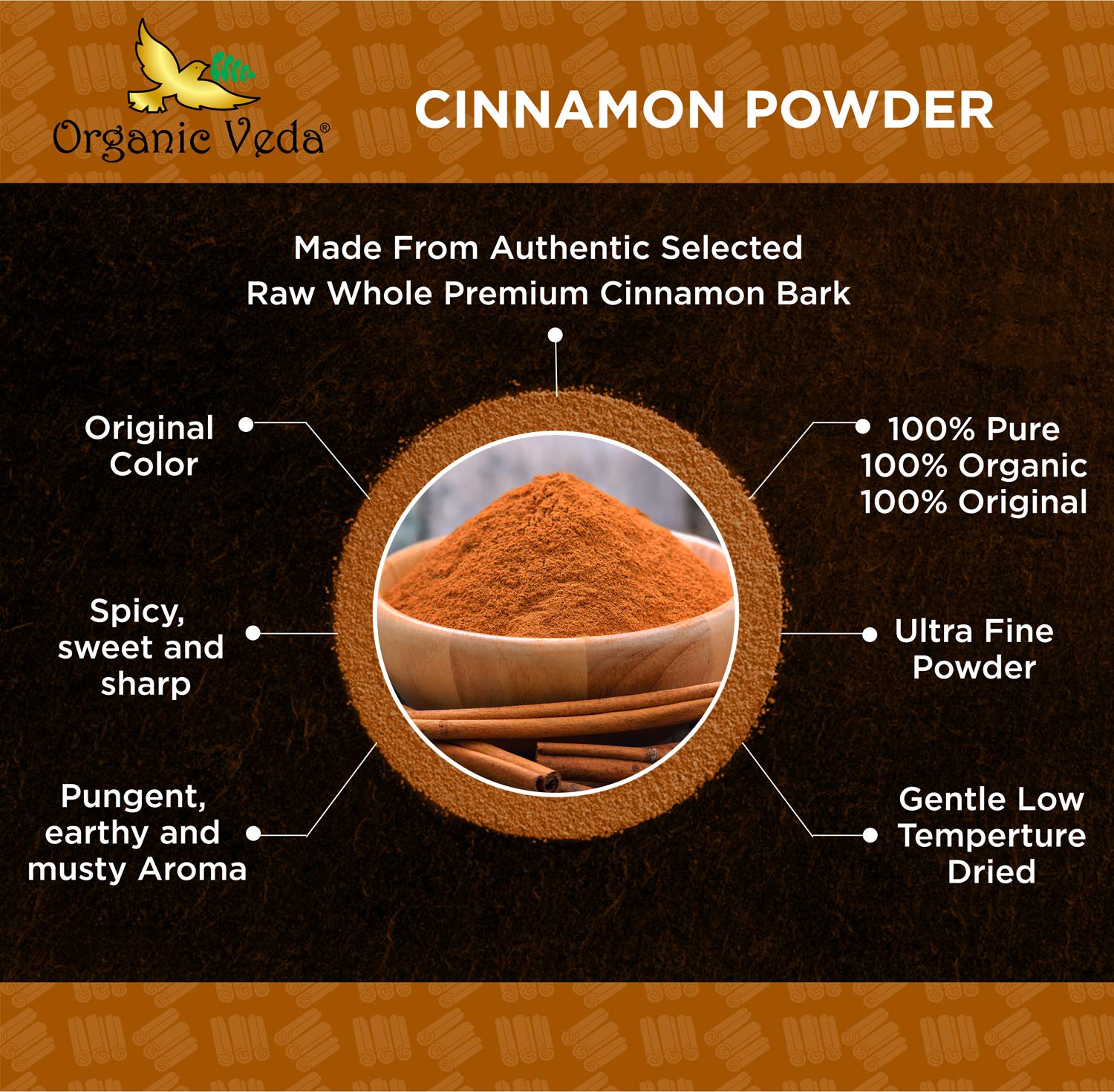Organic Veda Cinnamon Powder – 100% Pure & Organic Ground Cinnamon Made from Raw Whole Premium Cin