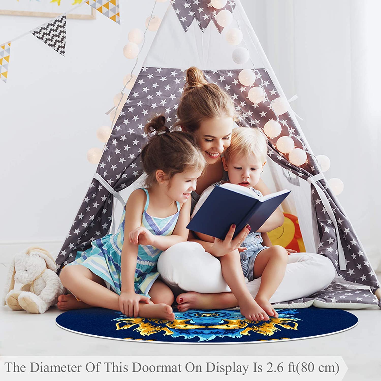 Pet Round Mat Blue Lion Feeding Mat Colorful for Pet Dogs Cats Beds 27.6x27.6in