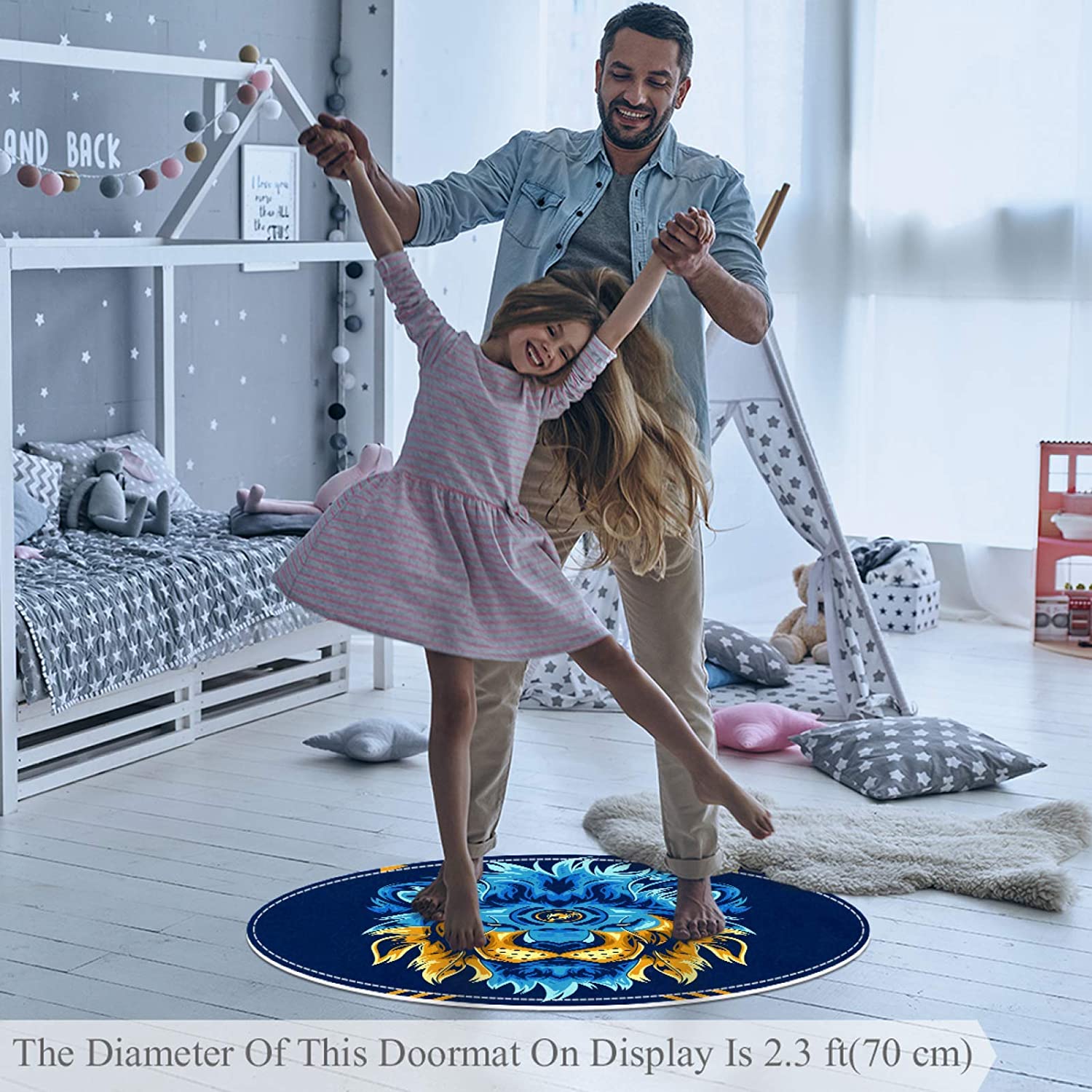 Pet Round Mat Blue Lion Feeding Mat Colorful for Pet Dogs Cats Beds 27.6x27.6in