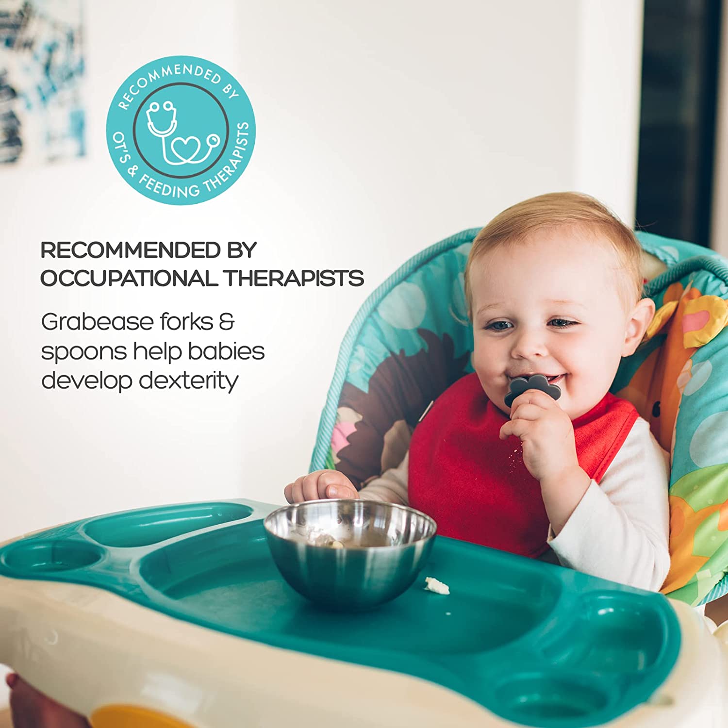 Grabease Baby and Toddler Self-Feeding Utensils \xe2\x80\x93 Spoon and Fork Set for Baby-Led Weaning