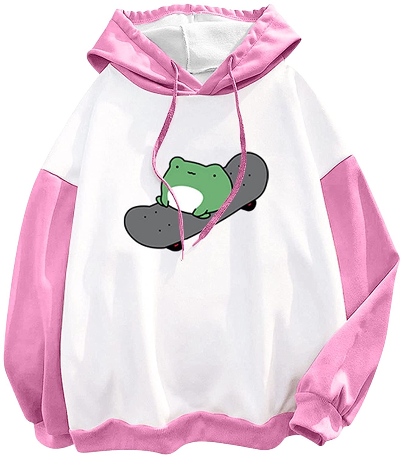 Womens Long Sleeve Hoodies Tops Cute Skateboarding Frog Printed Sweatshirt Long Sleeve Hoodie Fall P