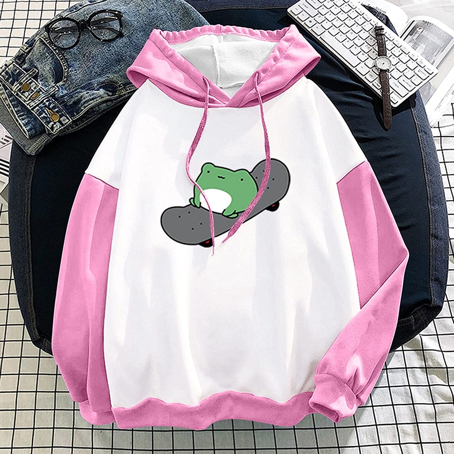 Womens Long Sleeve Hoodies Tops Cute Skateboarding Frog Printed Sweatshirt Long Sleeve Hoodie Fall P
