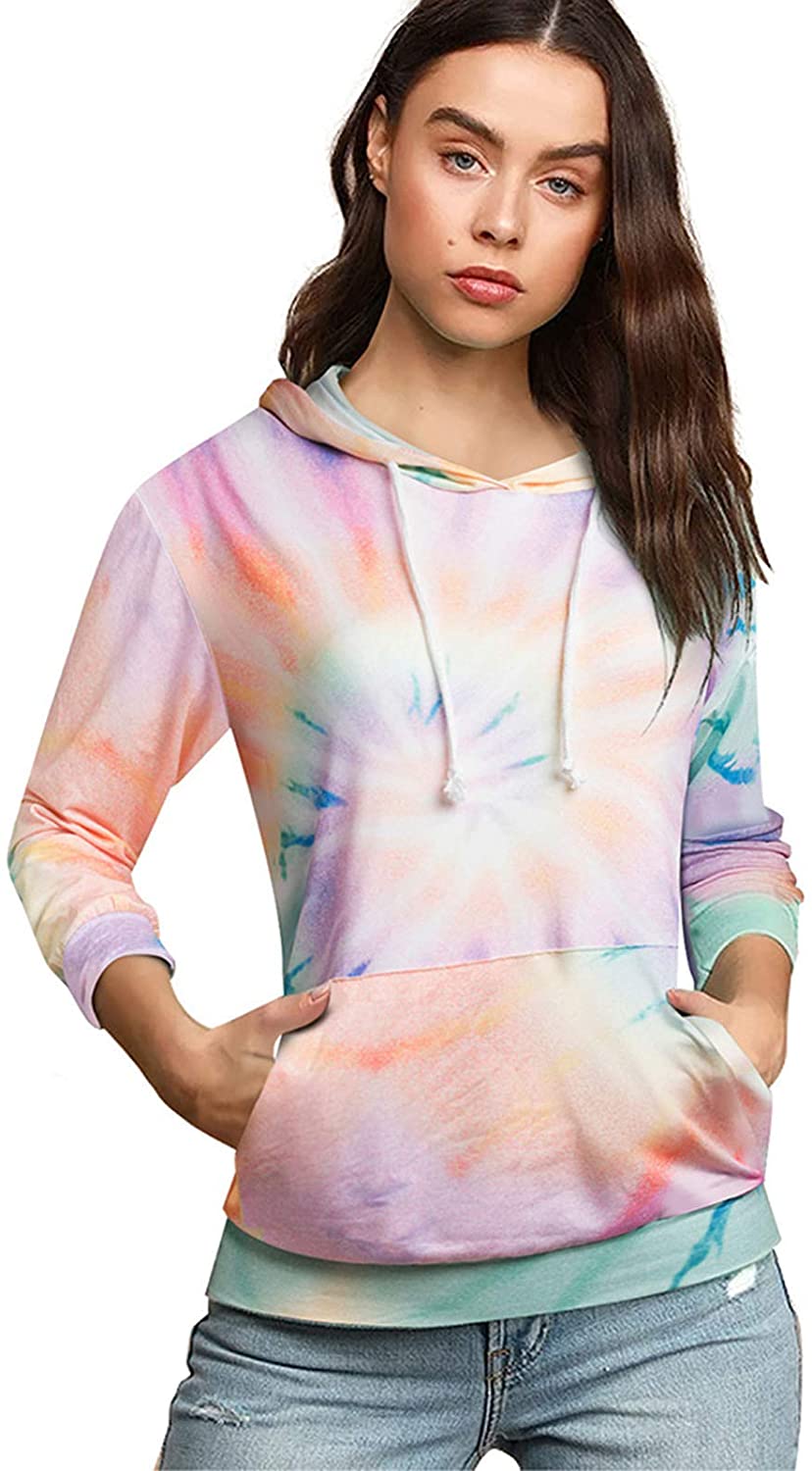 Tie Dye Hooded Sweatshirt Womens Casual Long Sleeve Colorblock Tops Crewneck Lightweight Pullover Ho