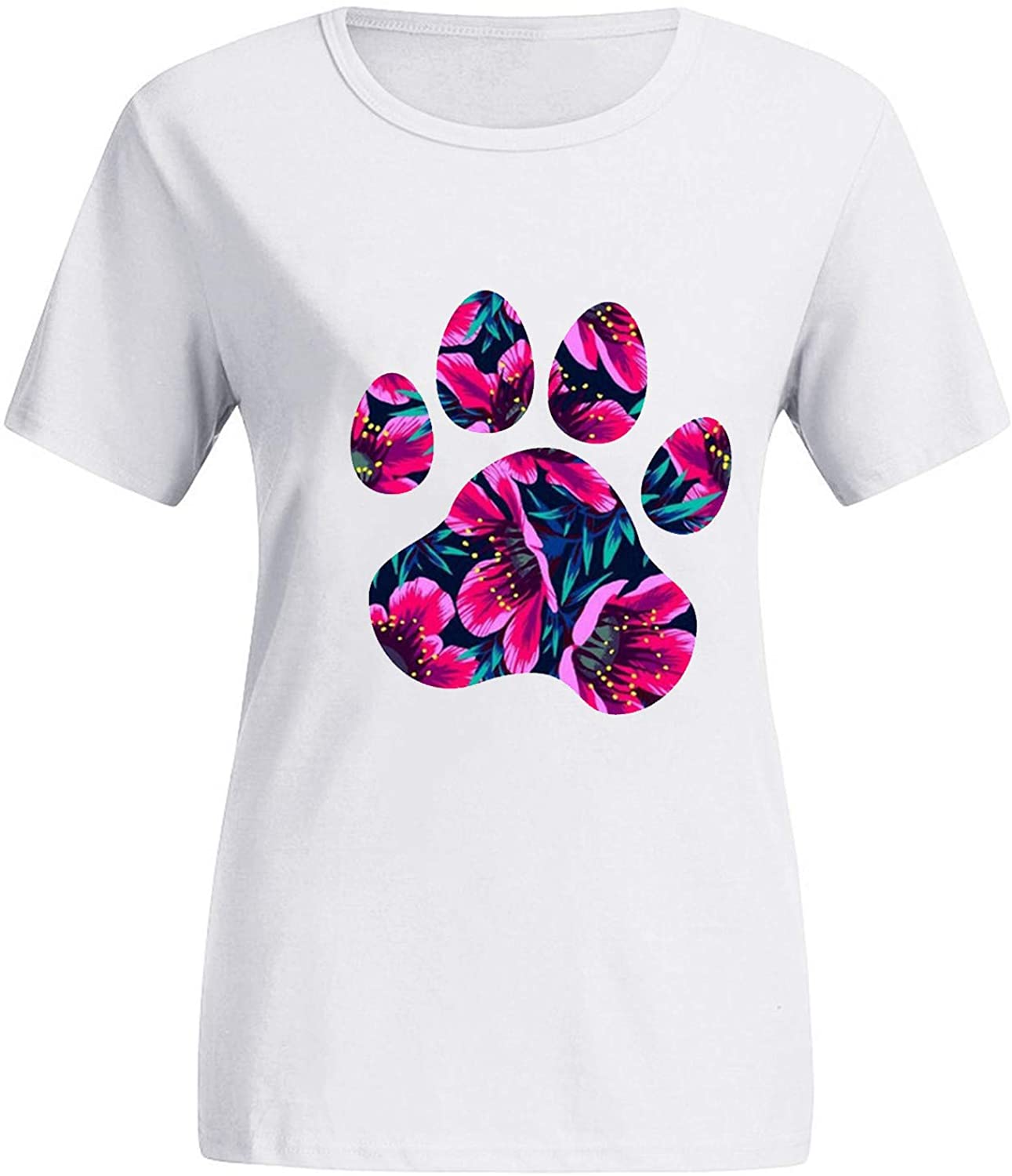 Dosoop Women Cute Dog Paw Graphic Pullover Short Sleeve O Neck Casual Crewneck Summer Tops T Shirt B