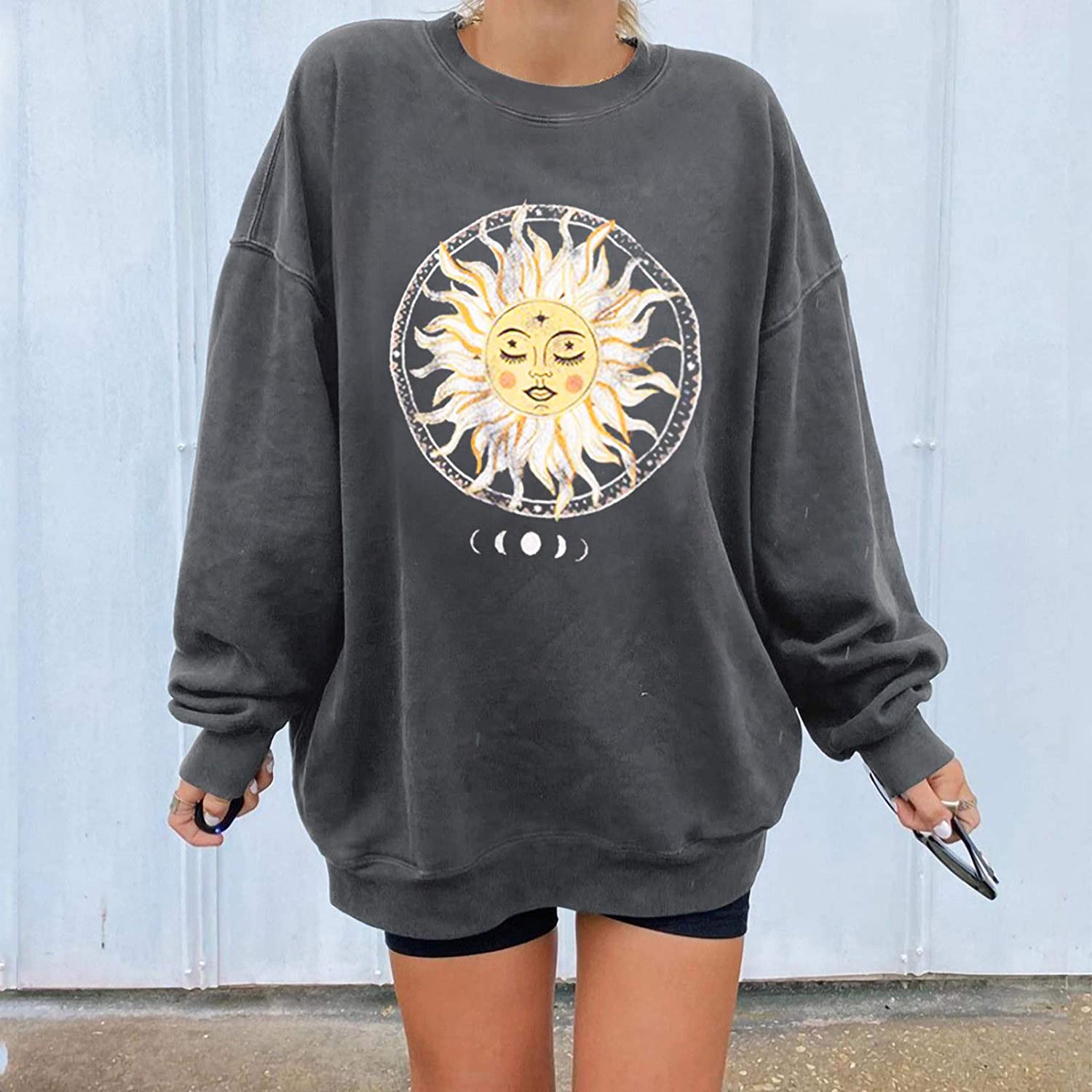 Womens Plus Size Sweatshirt Casual Printing Long Sleeve Pullover Blouse Tops Sun Moon Halloween Loos
