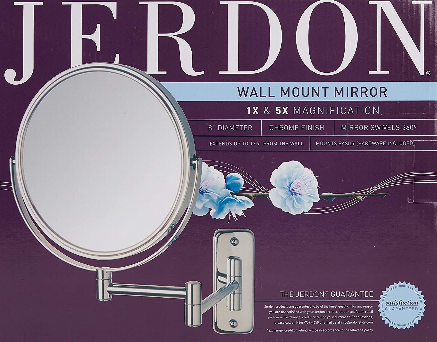 Jerdon JP7506CF 8-Inch Wall Mount Makeup Mirror with 5x Magnification, Chrome Finish, 8