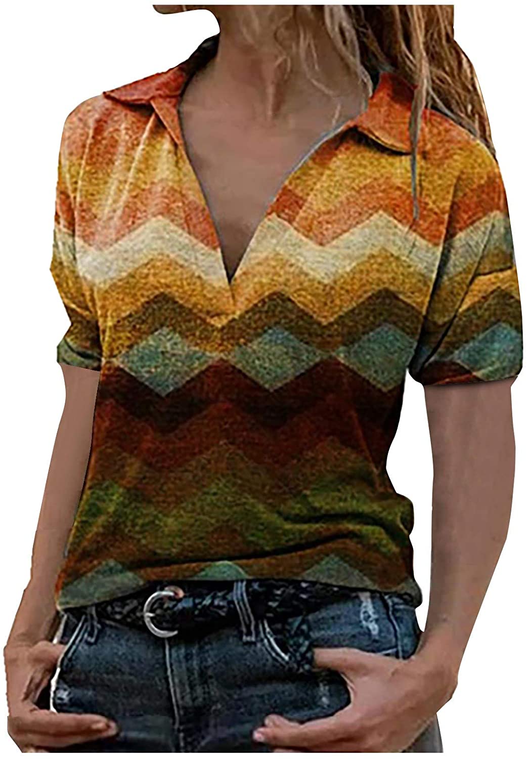 Dosoop Womens V Neck Shirts Long Sleeve Retro Print Casual Loose Fitting Warm Tops Polo Shirt Blouse