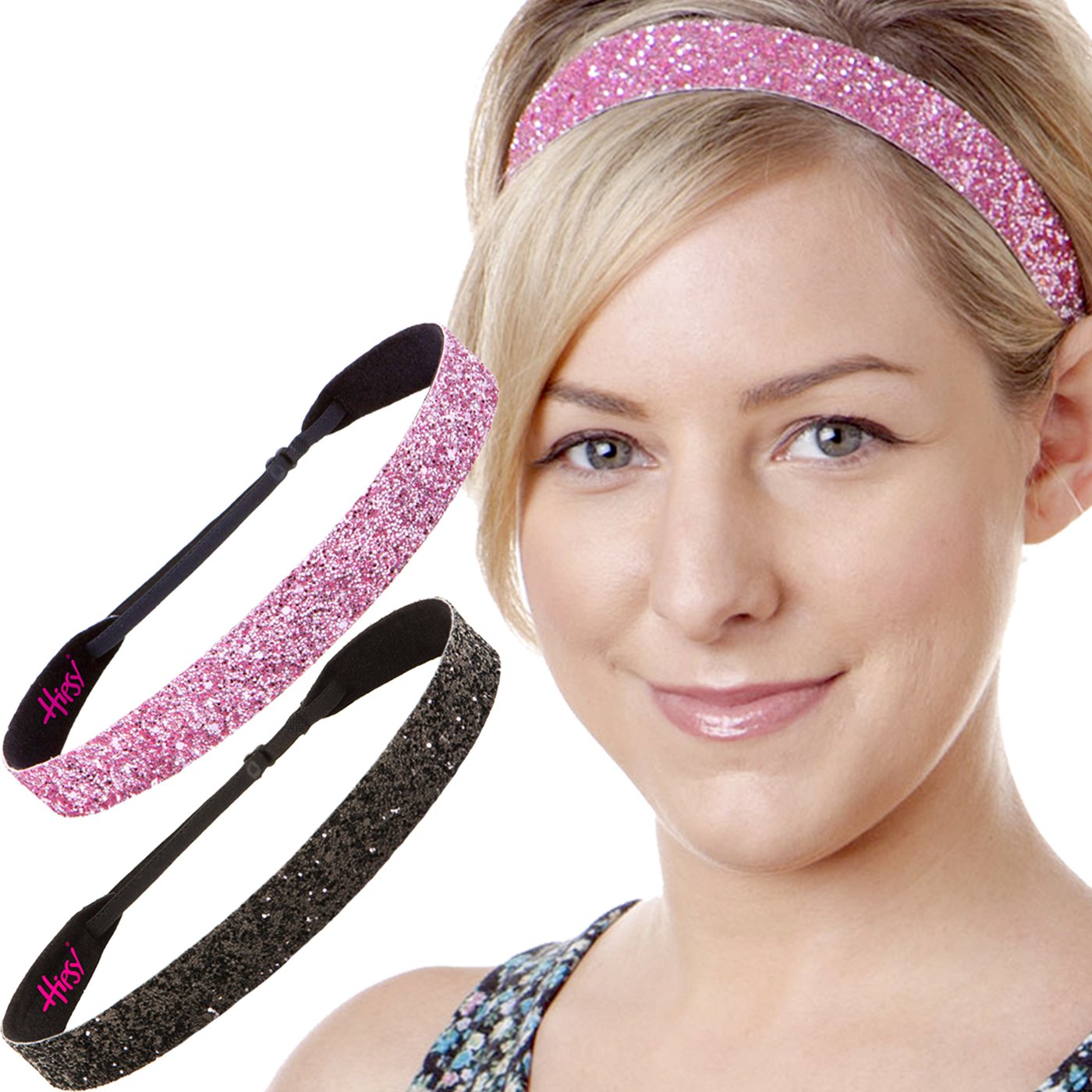 Hipsy Adjustable Non Slip Fashion Wide Bling Glitter Headbands for Women Girls & Teens 2-Pack (Black