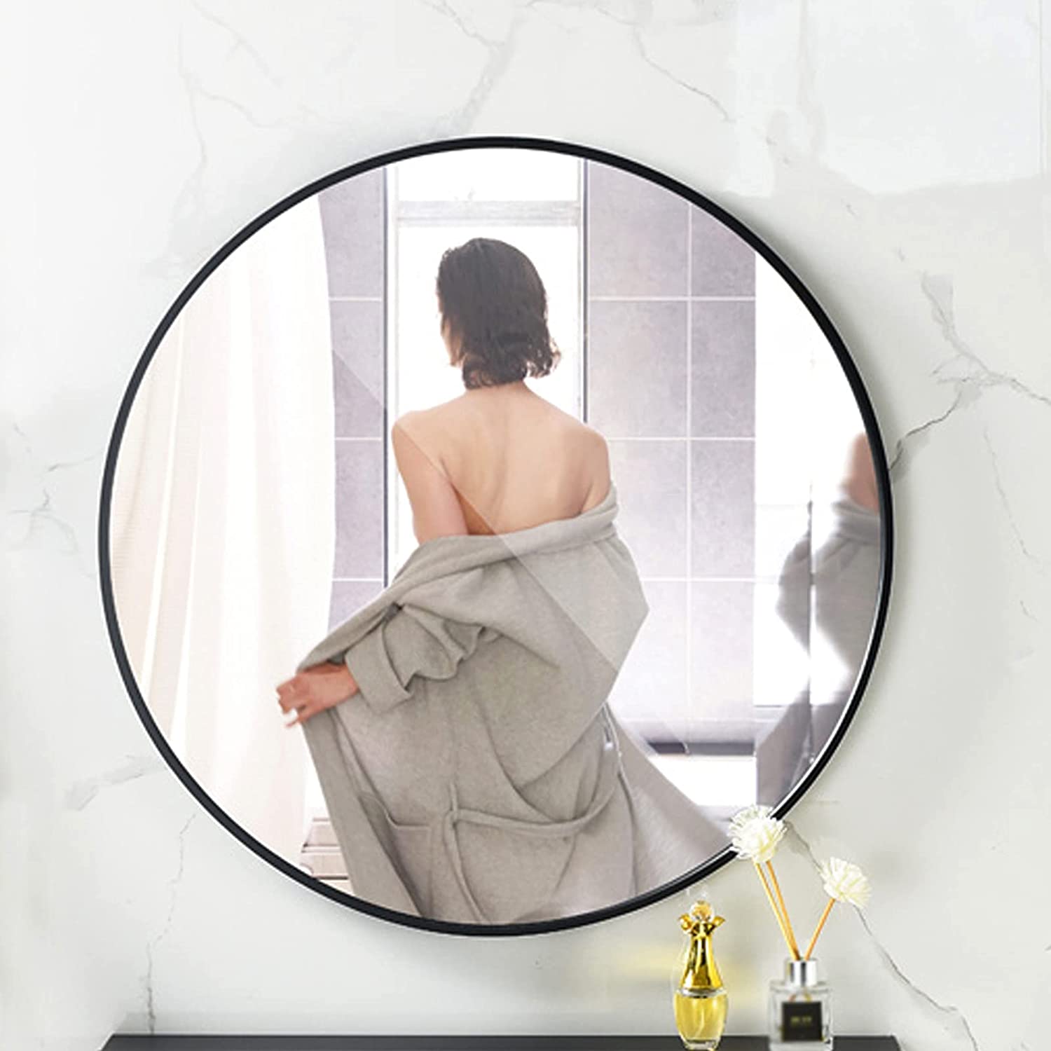 DSJGVN Round Makeup Mirror,Bathroom Mirror, Aluminum Alloy Frame Modern Wall Mounted Mirror Round Mi