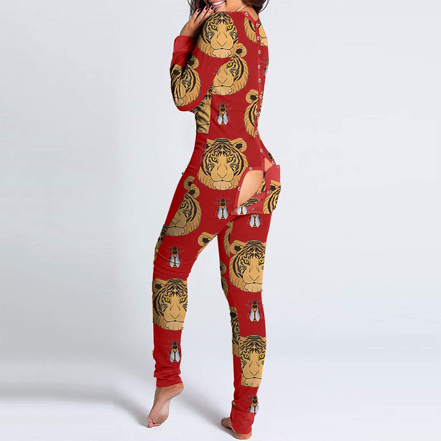 Dosoop Women Sexy Deep V Neck Long Sleeve Onesies Jumpsuit One Piece Button-Down Functional Buttoned