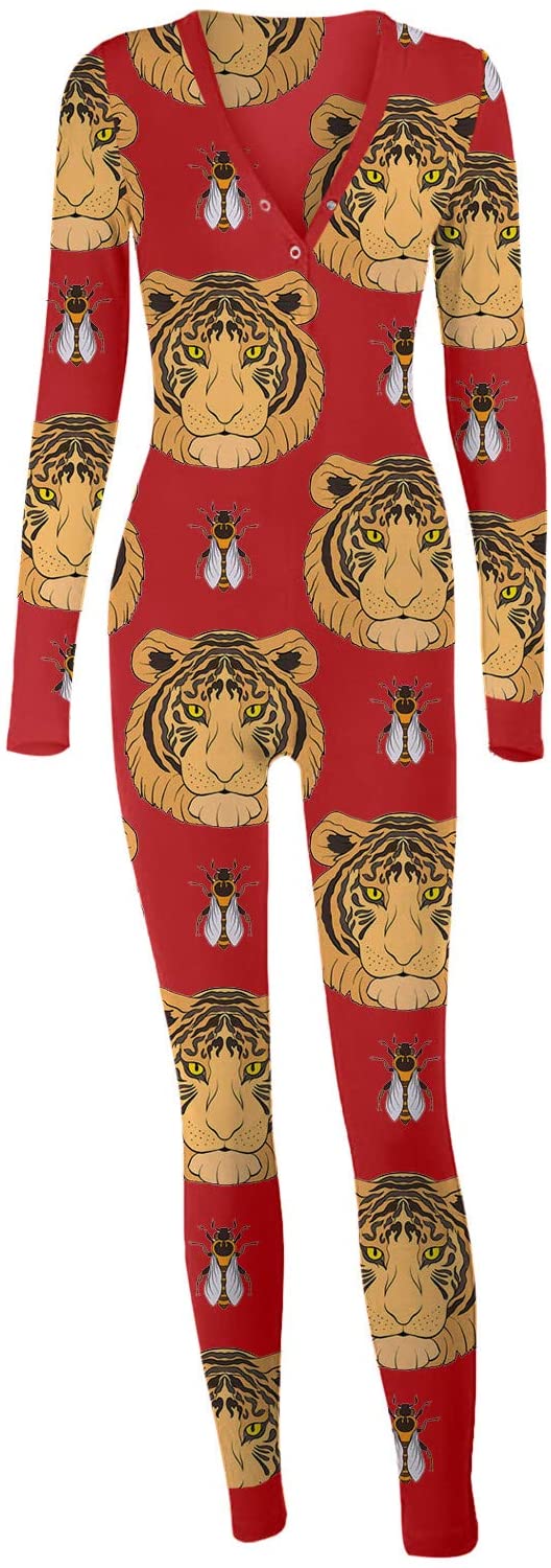 Dosoop Women Sexy Deep V Neck Long Sleeve Onesies Jumpsuit One Piece Button-Down Functional Buttoned