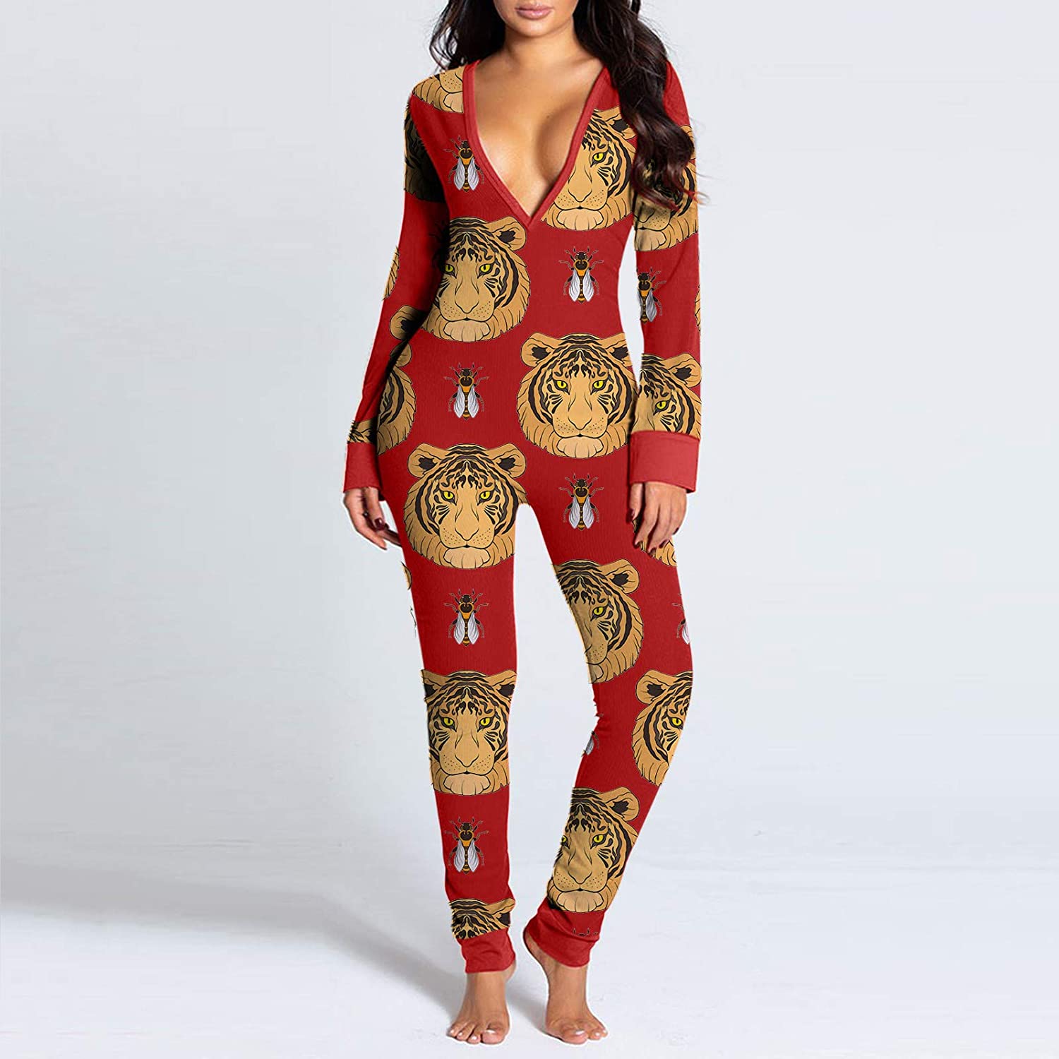 Dosoop Women Sexy Deep V Neck Long Sleeve Onesies Jumpsuit One Piece Button-Down Functional Buttoned
