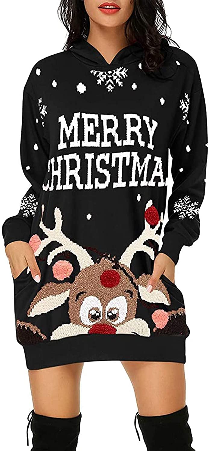 Dosoop Women Hoodies Dress Christmas Printed Long Sleeve Hooded Tunic Oversized Sweatshirt Pockets P
