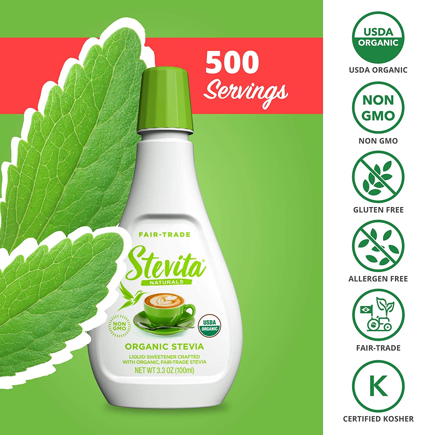 Stevita Organic Liquid Stevia - 3.3 oz - All-Natural Sweetener, Zero Calories - USDA Organic, Non-GM
