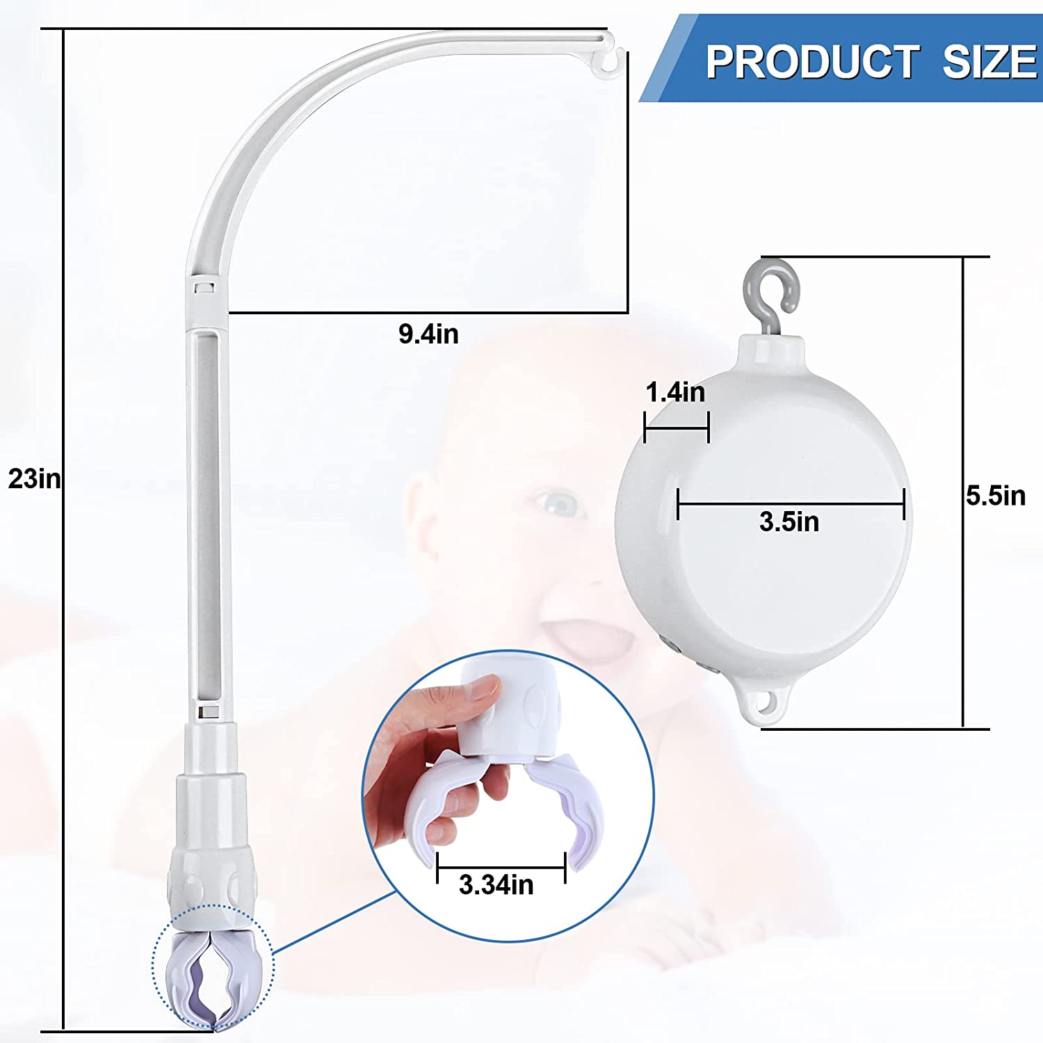 23 Inch Baby Crib Mobile Bed Bell Holder Arm Bracket, with Mobile Music Box(Battery Operated), Music