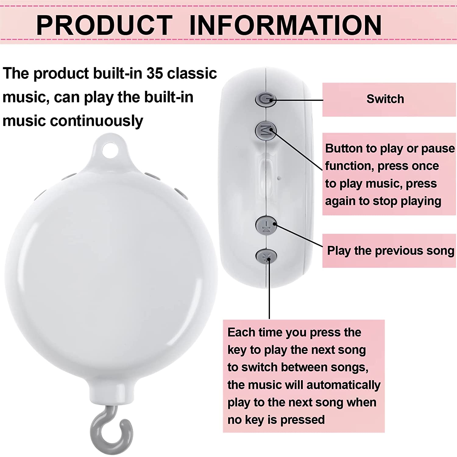 23 Inch Baby Crib Mobile Bed Bell Holder Arm Bracket, with Mobile Music Box(Battery Operated), Music